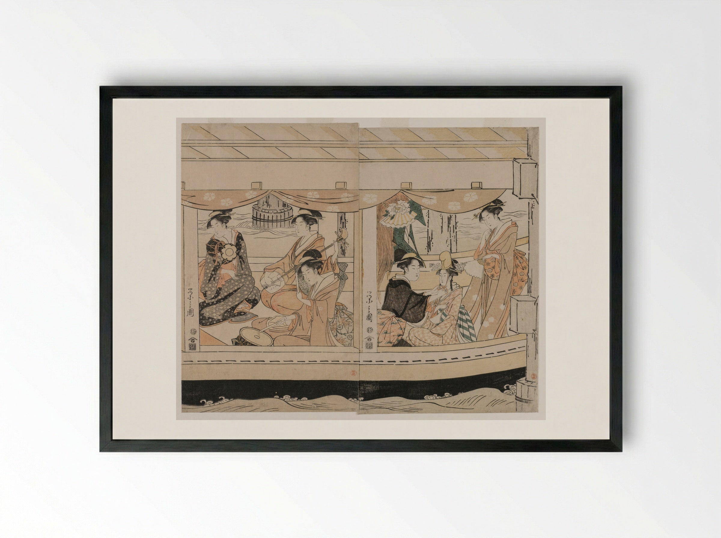 Pleasure Boats on the Sumida River beneath Shin-Ōhashi Bridge - Chōbunsai Eishi - Framed Print Black