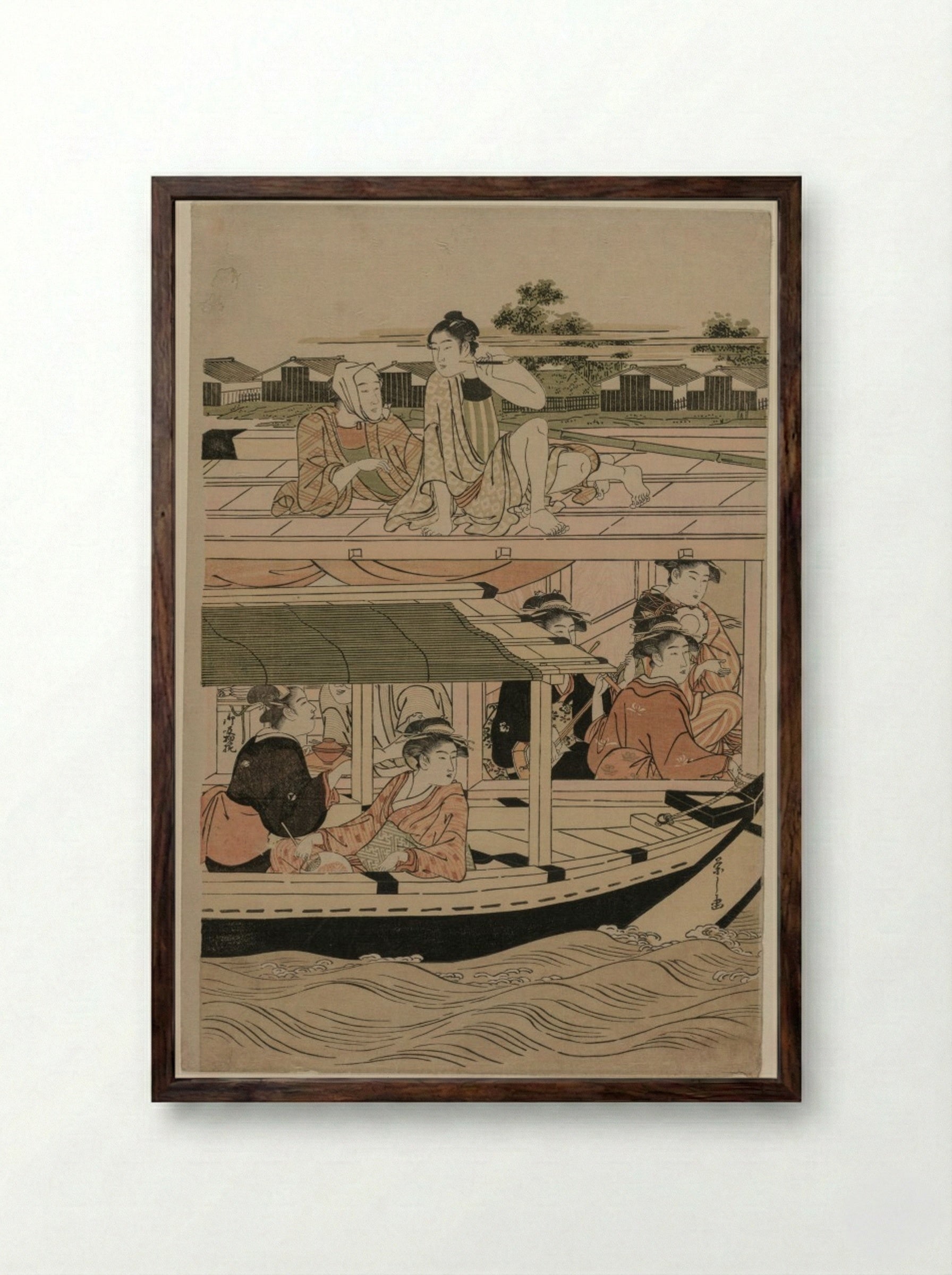 Pleasure Boats on the Sumida River beneath Shin-Ōhashi Bridge - Chōbunsai Eishi - Framed Print Dark Wood