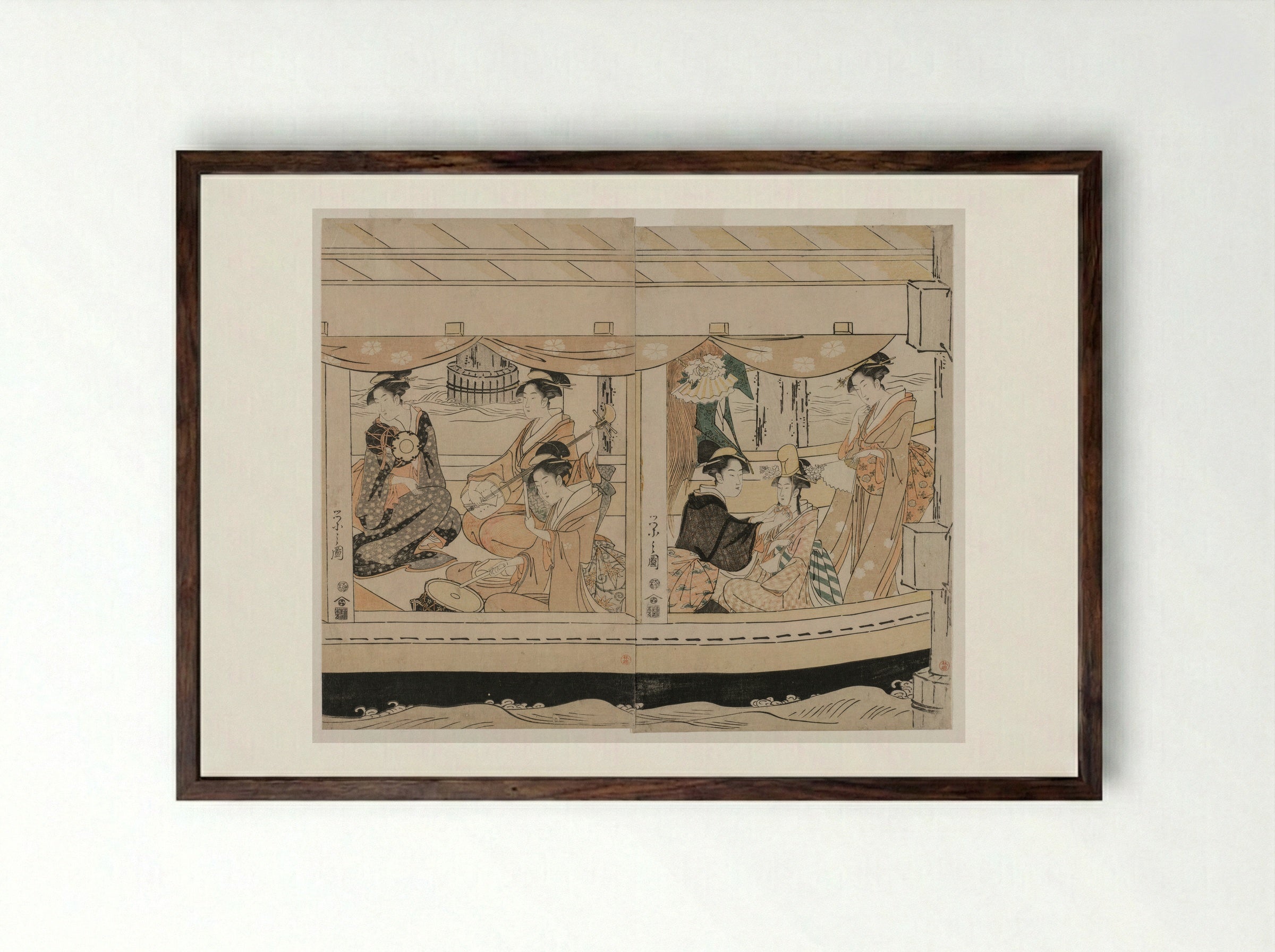 Pleasure Boats on the Sumida River beneath Shin-Ōhashi Bridge - Chōbunsai Eishi - Framed Print Dark Wood