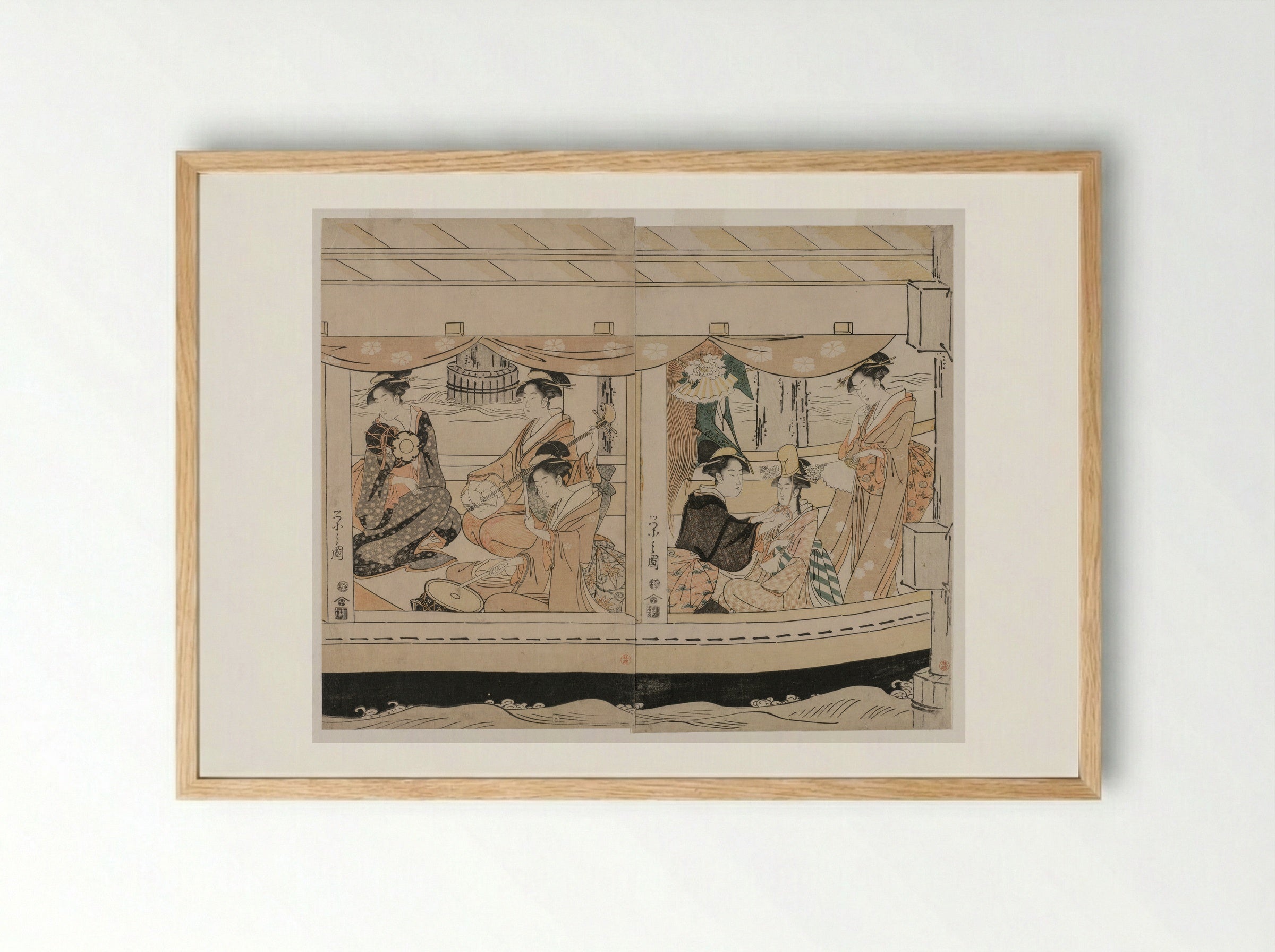 Pleasure Boats on the Sumida River beneath Shin-Ōhashi Bridge - Chōbunsai Eishi - Framed Print Wood