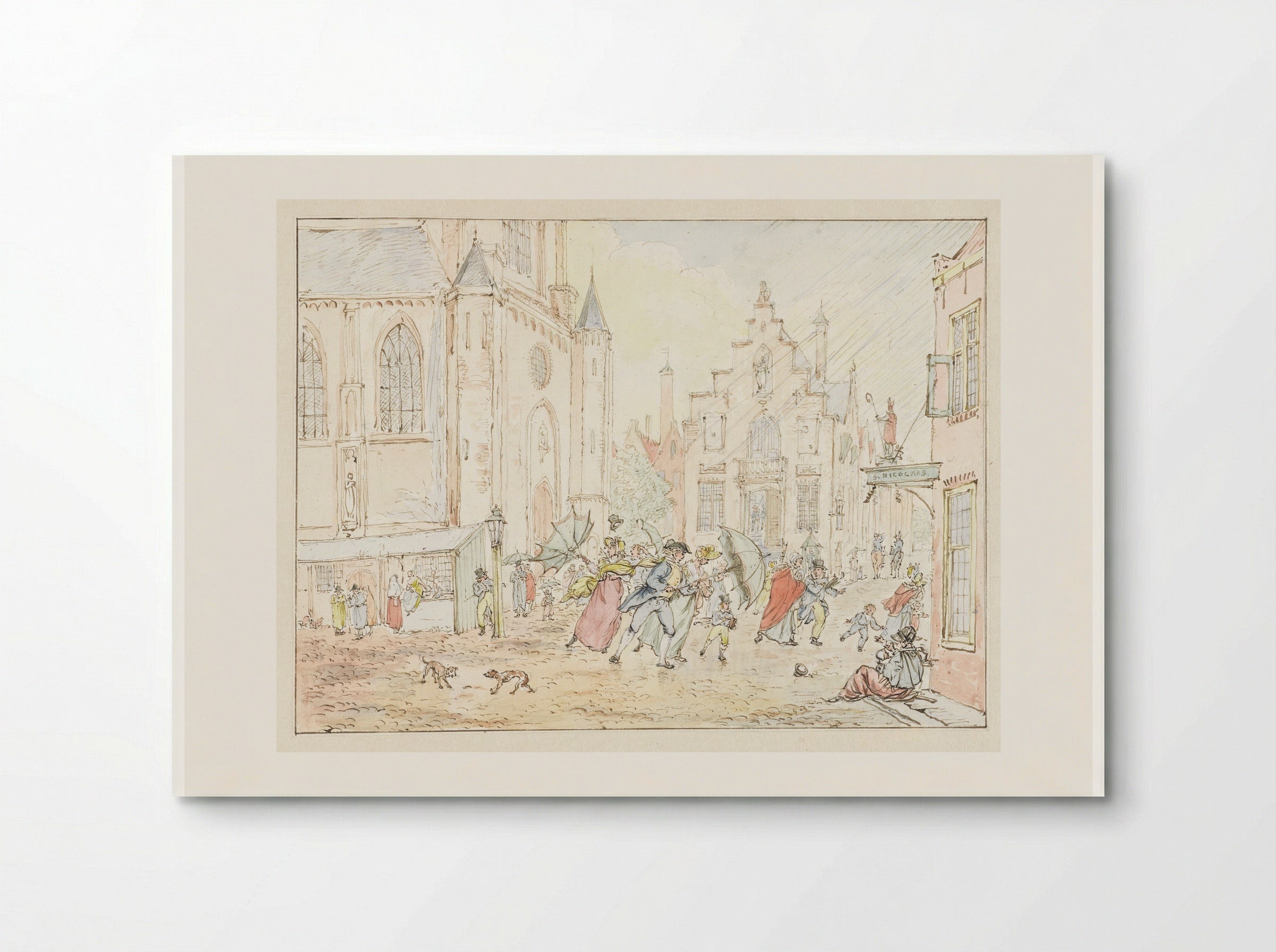 Plein met mensen in de regen - Pieter Bartholomeusz. Barbiers - Poster