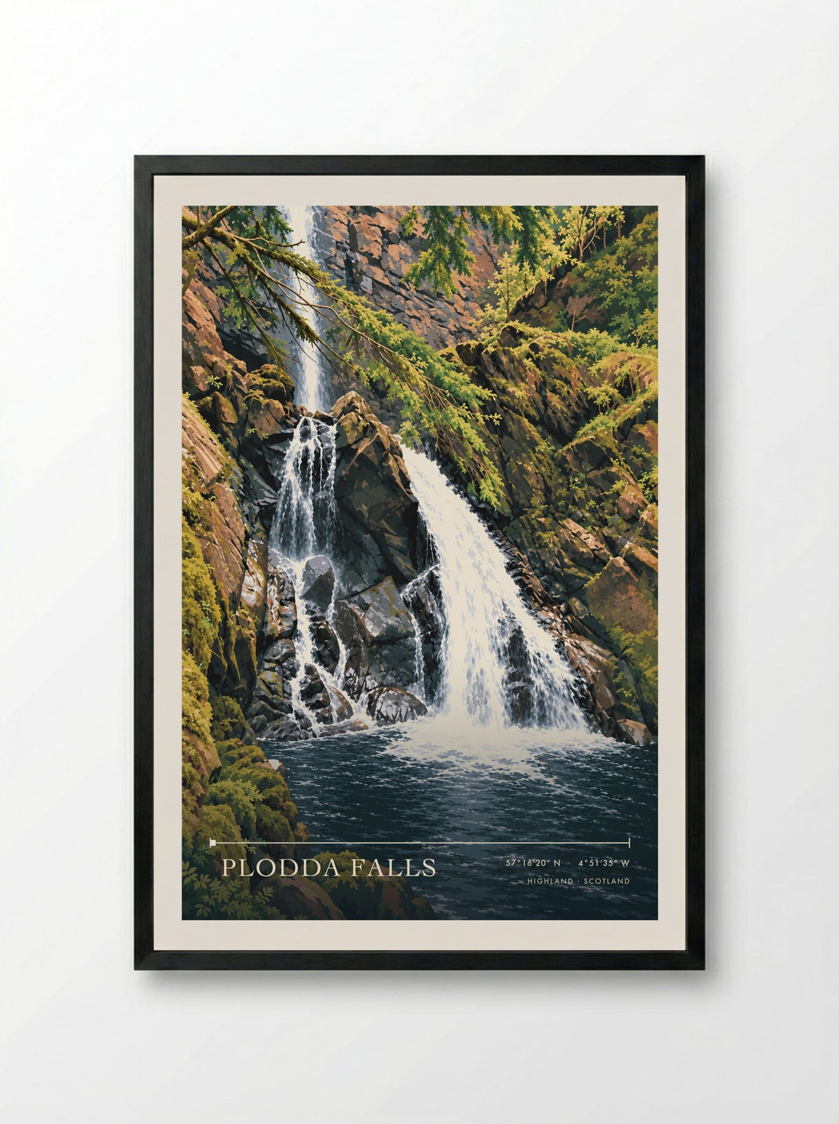 Plodda Falls, Highland | Travel Poster - Framed Print Black