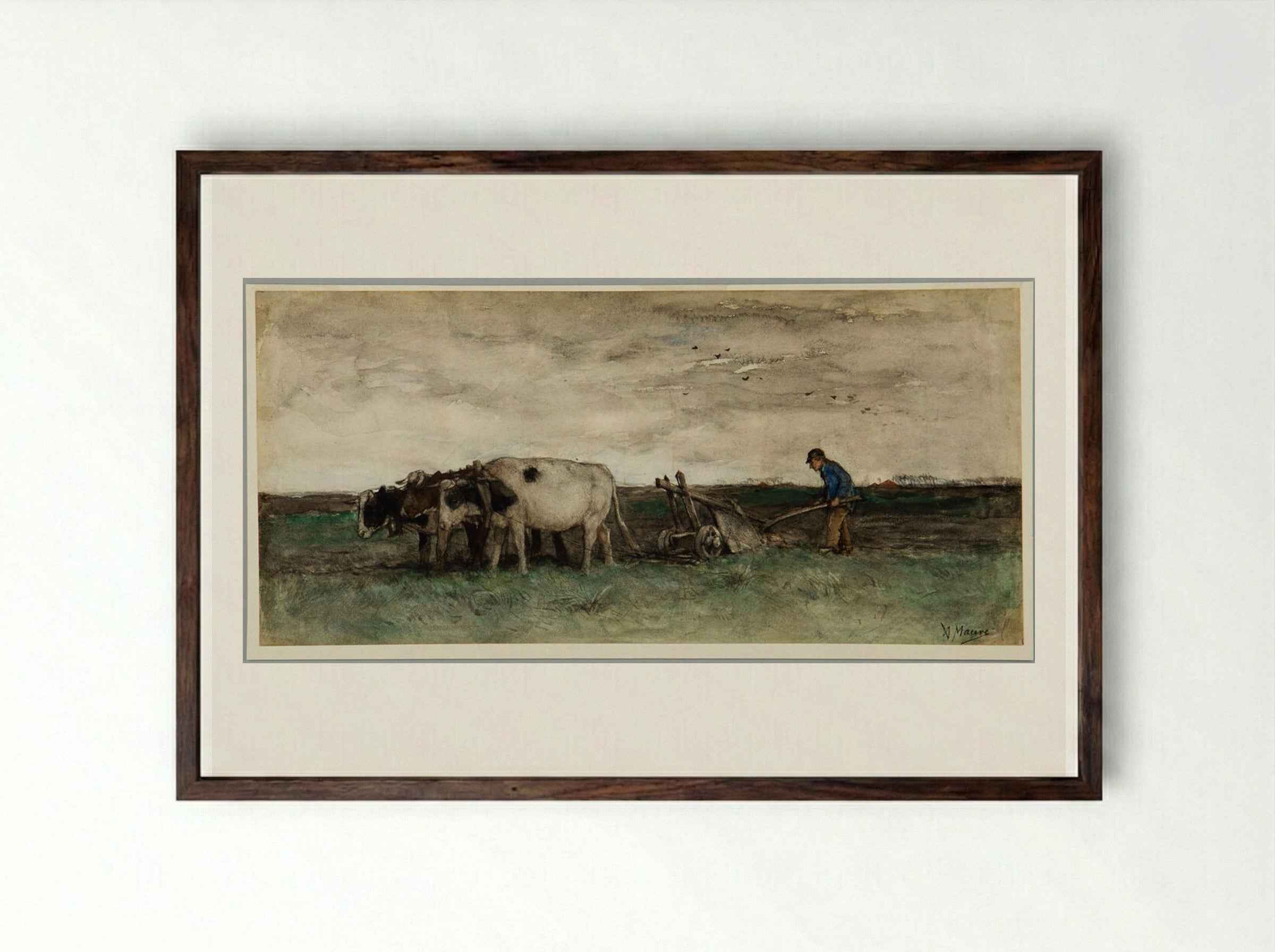 Ploughing - Anton Mauve - Framed Print Dark Wood