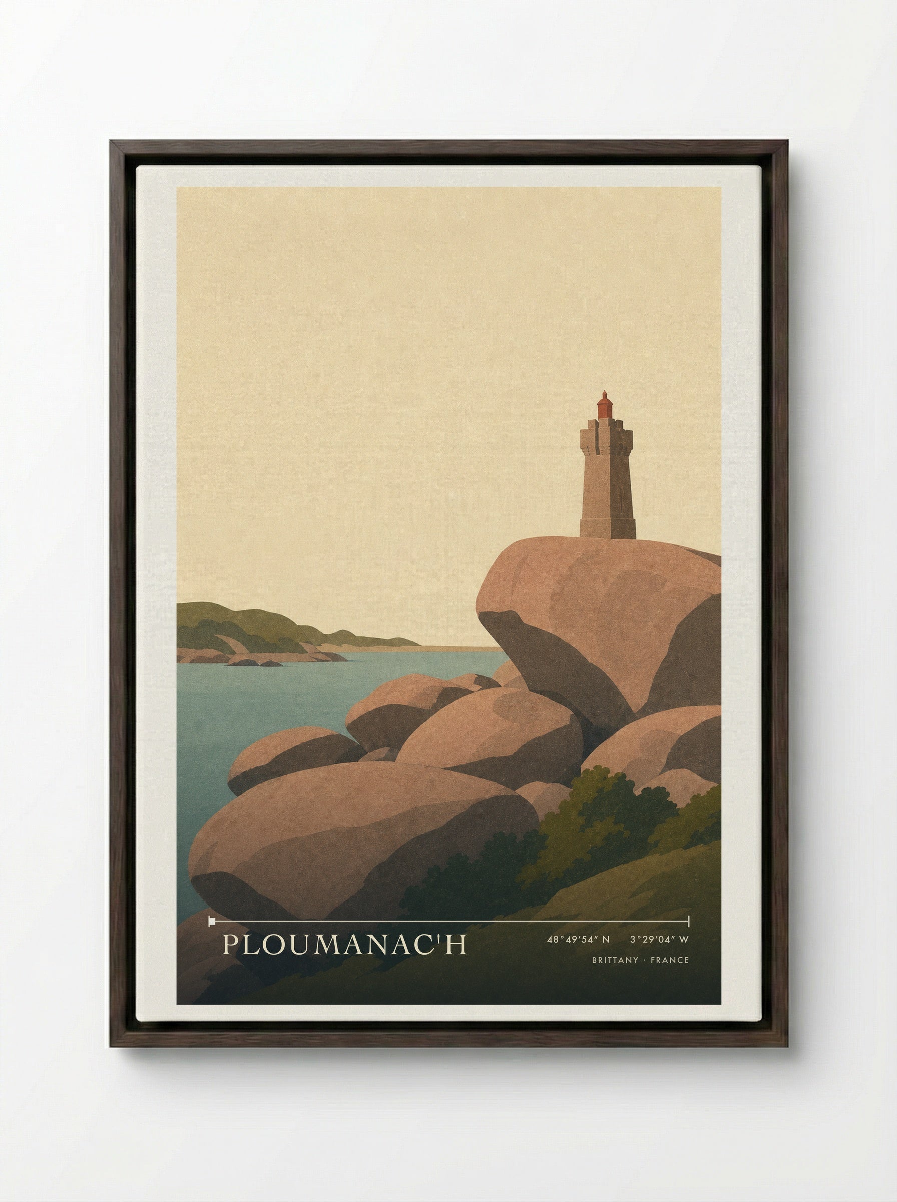 Ploumanac'h Travel Poster Artwork - Framed Canvas Dark Wood