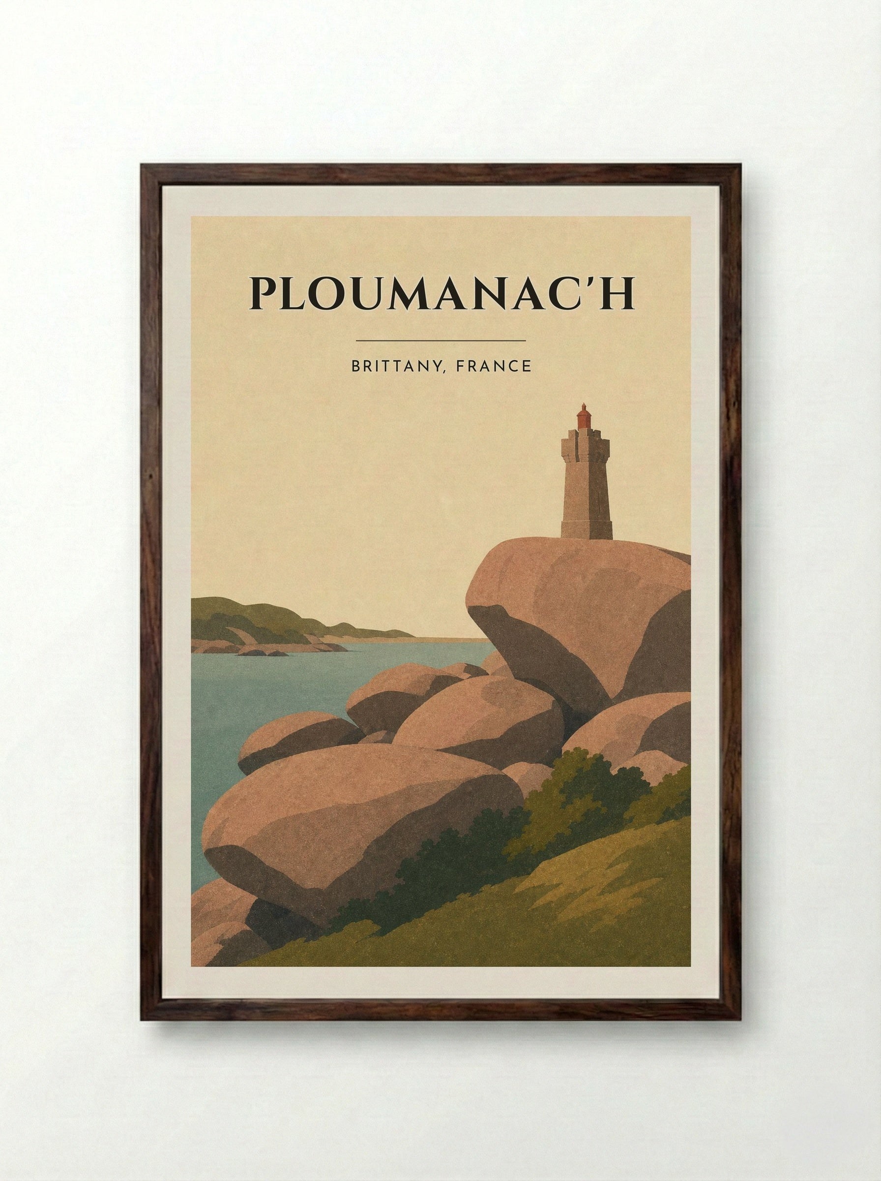 Ploumanac'h Travel Poster Artwork - Framed Print Dark Wood