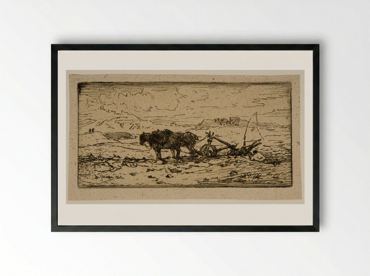 Plow Drawn by Two Horses - Charles-Émile Jacque - Framed Print Black