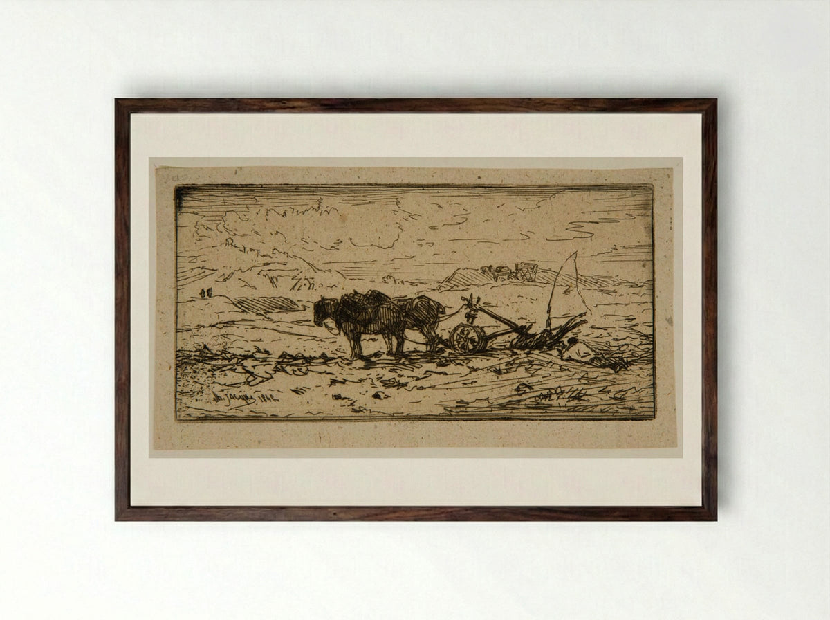 Plow Drawn by Two Horses - Charles-Émile Jacque - Framed Print Dark Wood