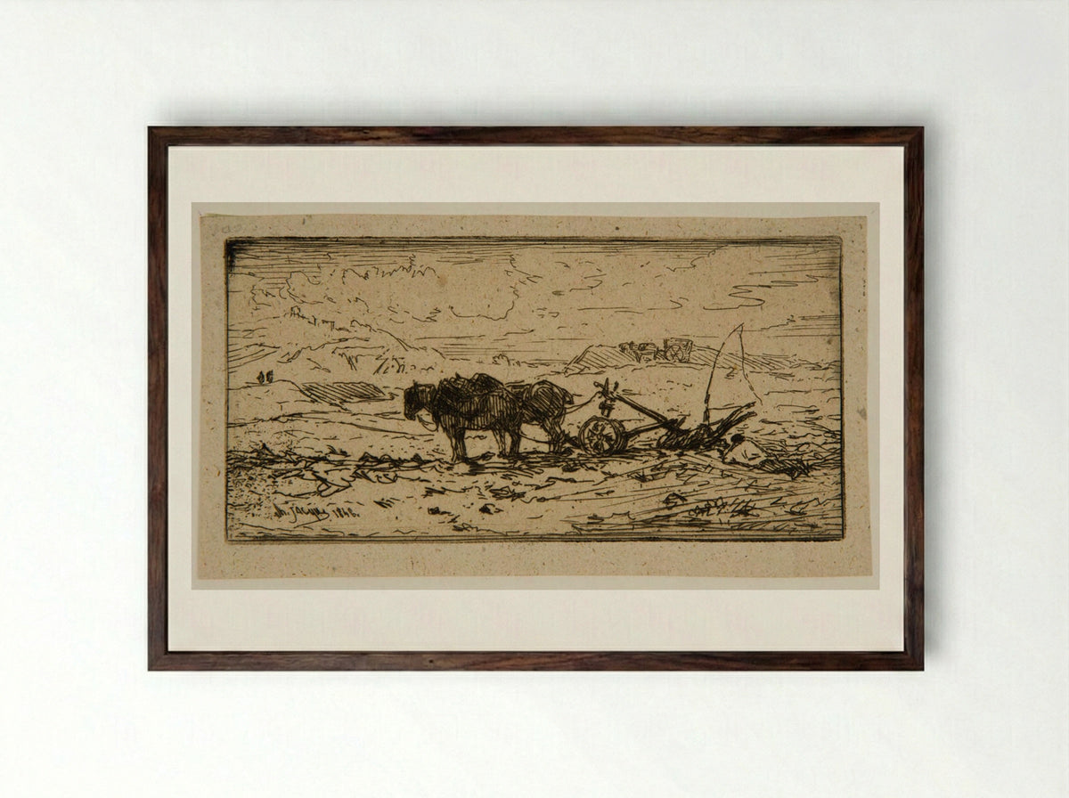 Plow Drawn by Two Horses - Charles-Émile Jacque - Framed Print Dark Wood