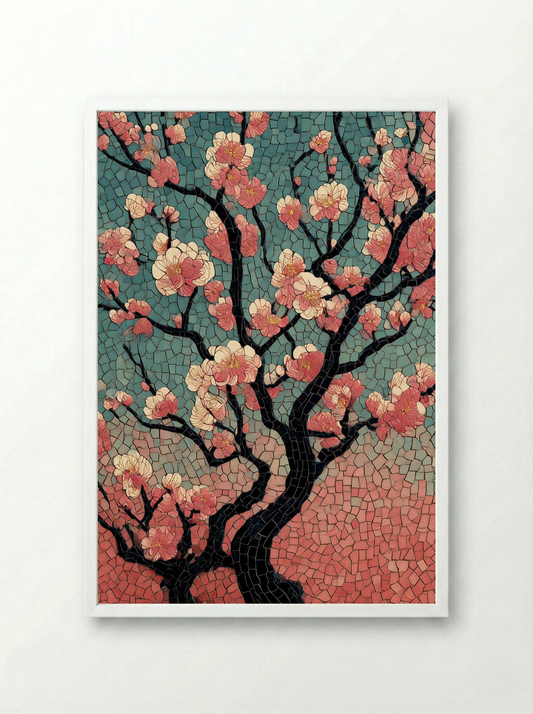 Plum Blossoms at Kameido Shrine - Japanese Mosaic Print - Framed Print White
