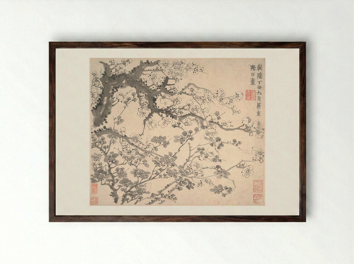 Plum Blossoms - Jin Nong - Framed Print Dark Wood