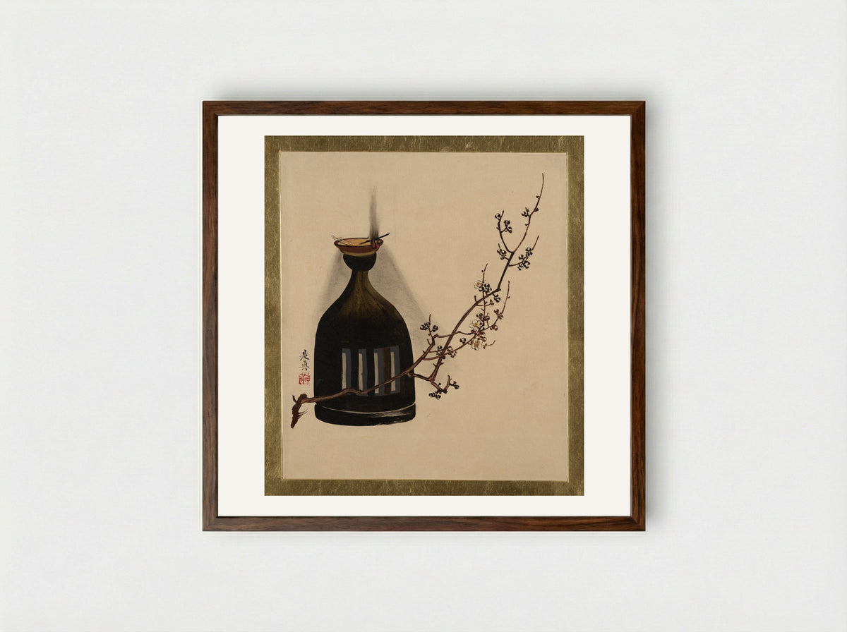 Plum Branch with Oil Lamp - Shibata Zeshin - Framed Print Dark Wood