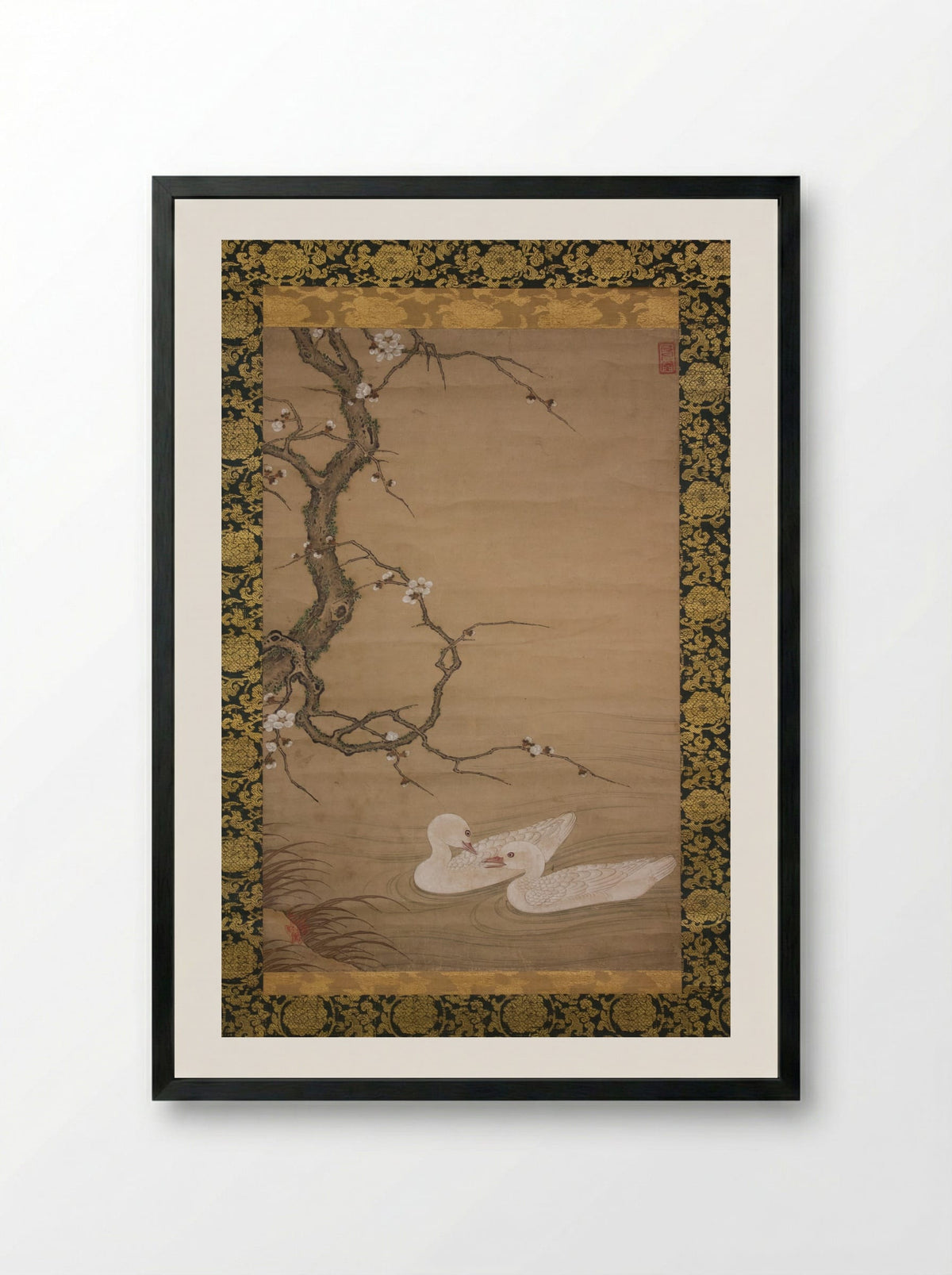 Plum Tree and Waterfowl - Kano Masanobu - Framed Print Black