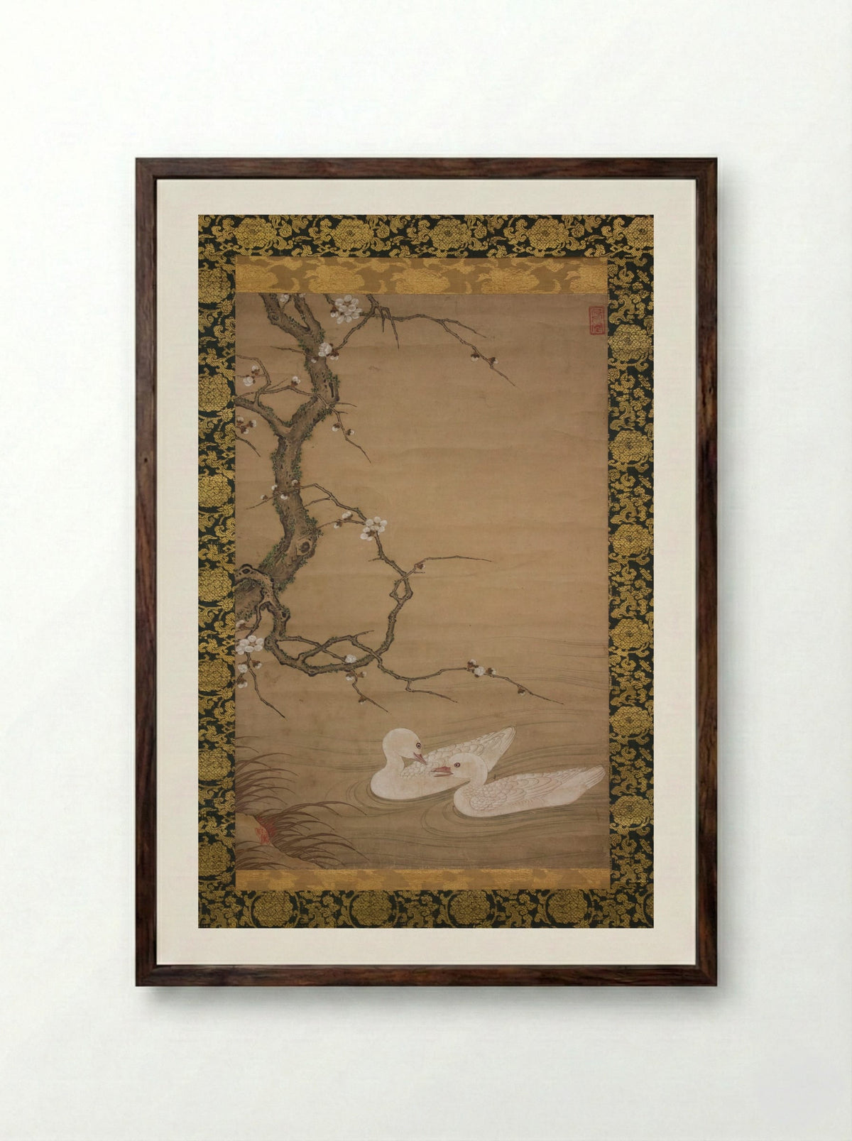 Plum Tree and Waterfowl - Kano Masanobu - Framed Print Dark Wood