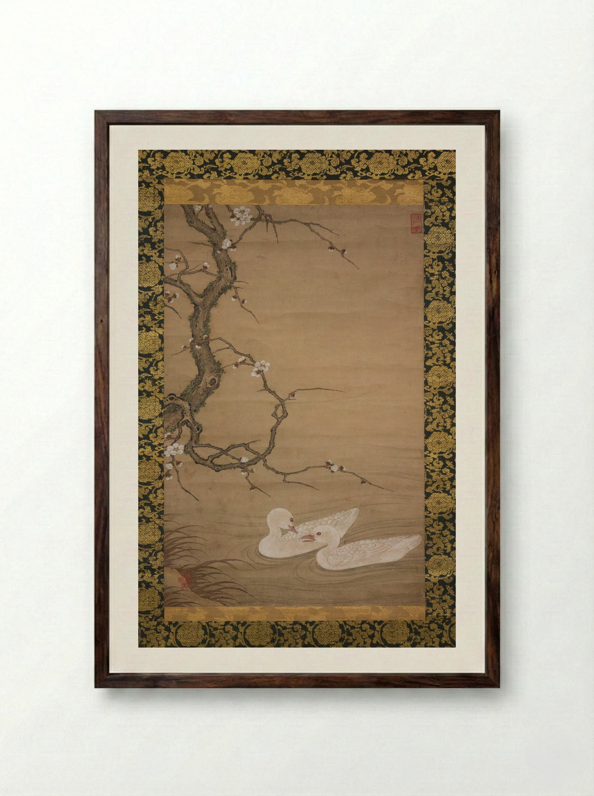 Plum Tree and Waterfowl - Kano Masanobu - Framed Print Dark Wood