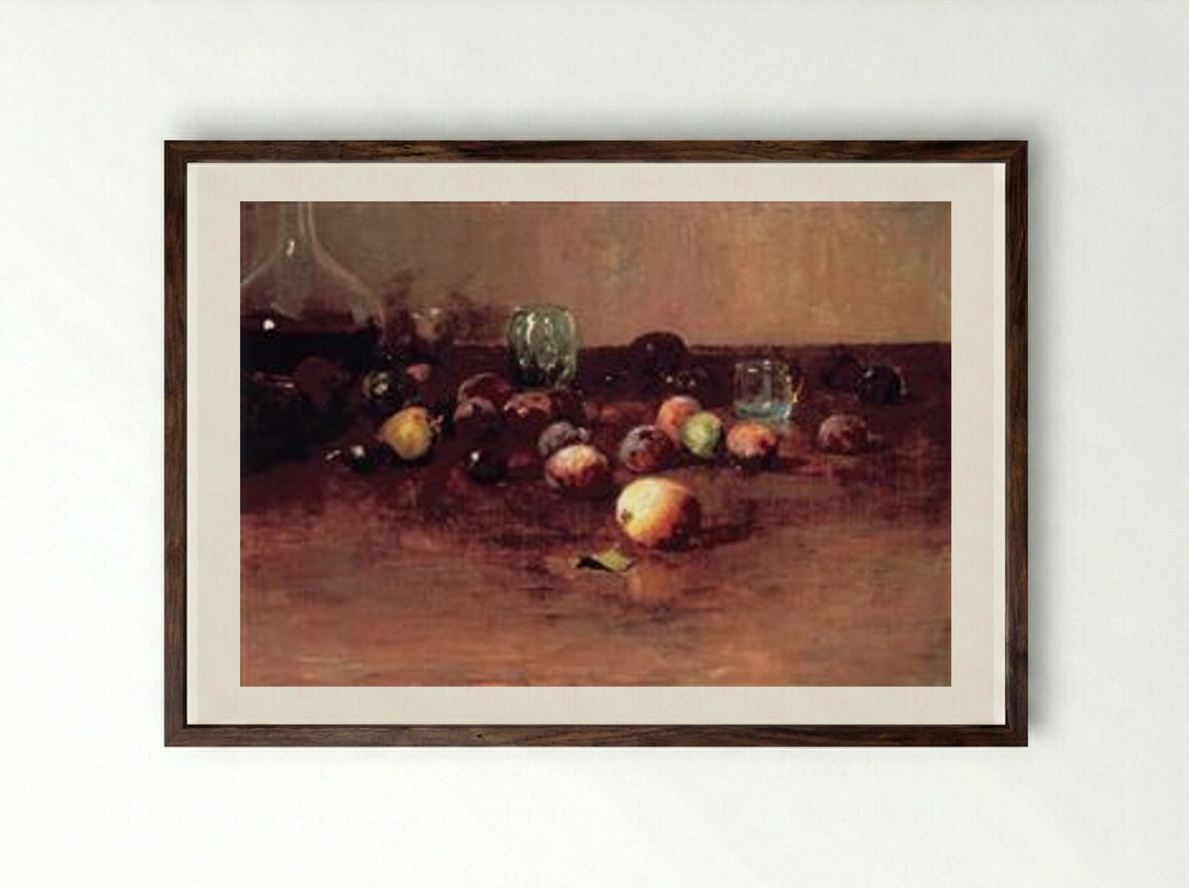 Plums, Waterglass and Peaches - Guy Rose - Framed Print Dark Wood