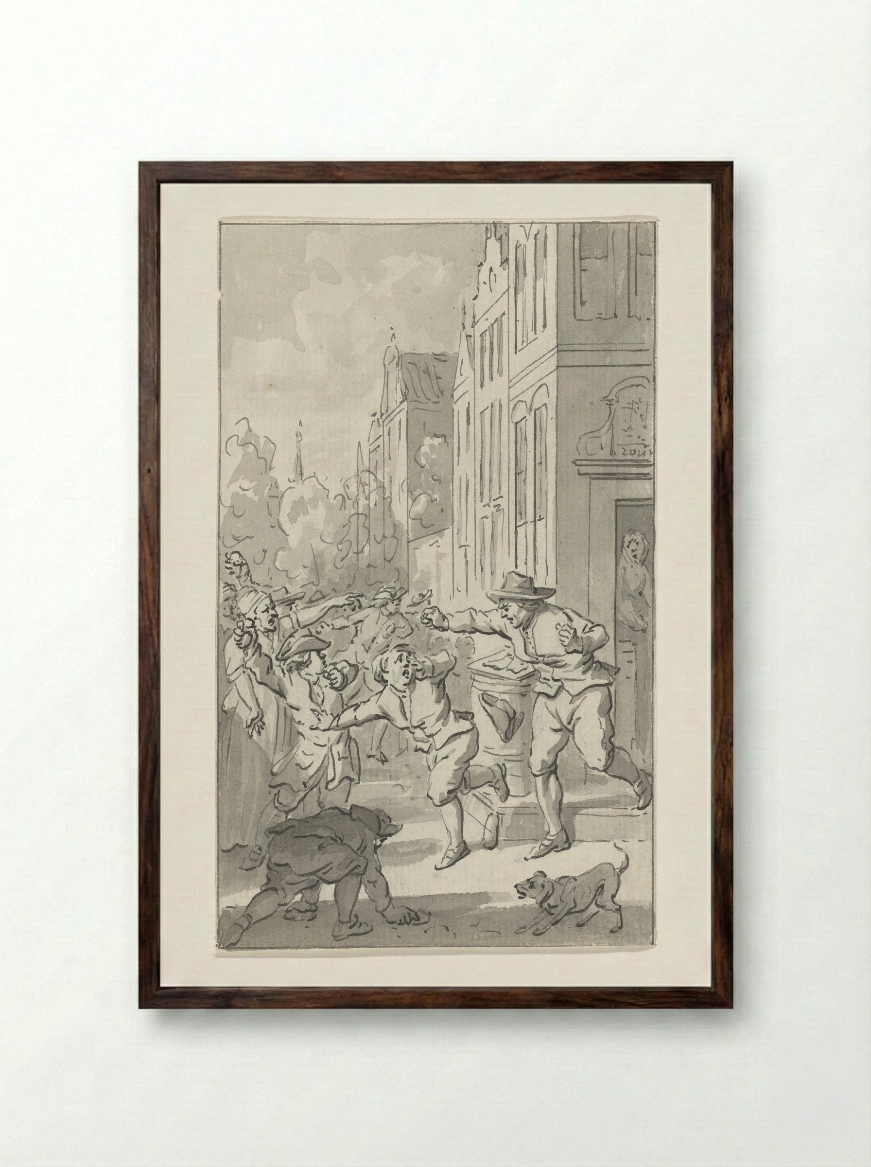 Plundering van het huis van een Fransgezinde visverkoper te Deventer, 1747 - Jacobus Buys - Framed Print Dark Wood