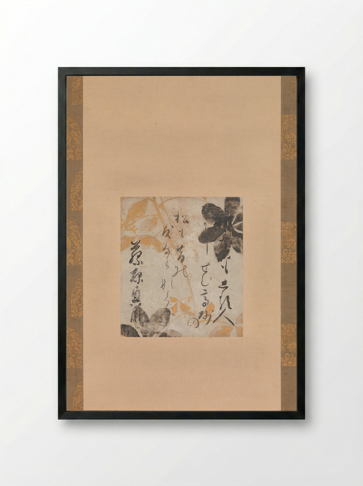 Poem by Fujiwara no Okikaze with Underpainting of Clematis - Shōkadō Shōjō - Framed Print Black
