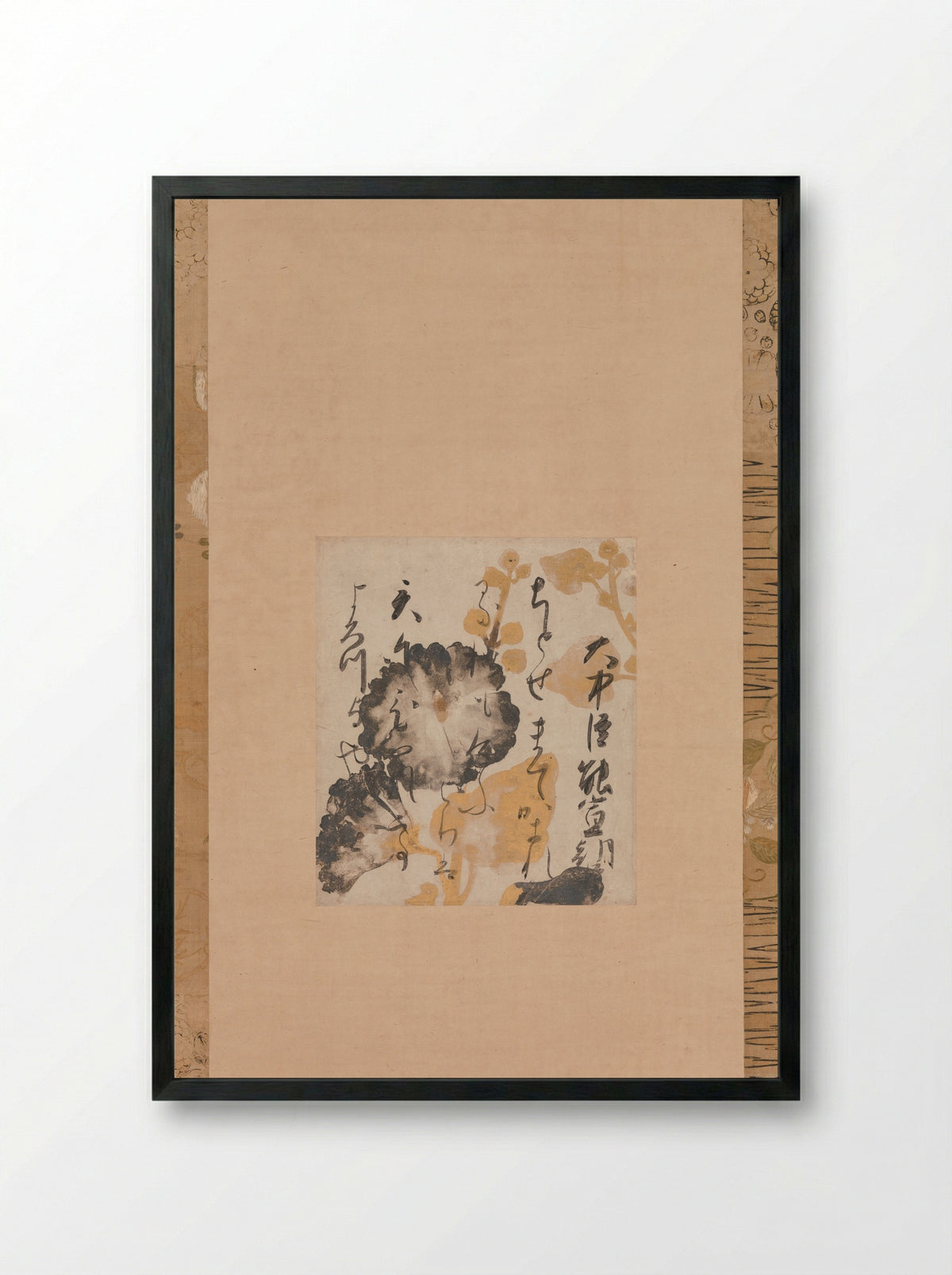 Poem by Onakatomi Yoshinobu with Underpainting of Hollyhocks - Shōkadō Shōjō - Framed Print Black