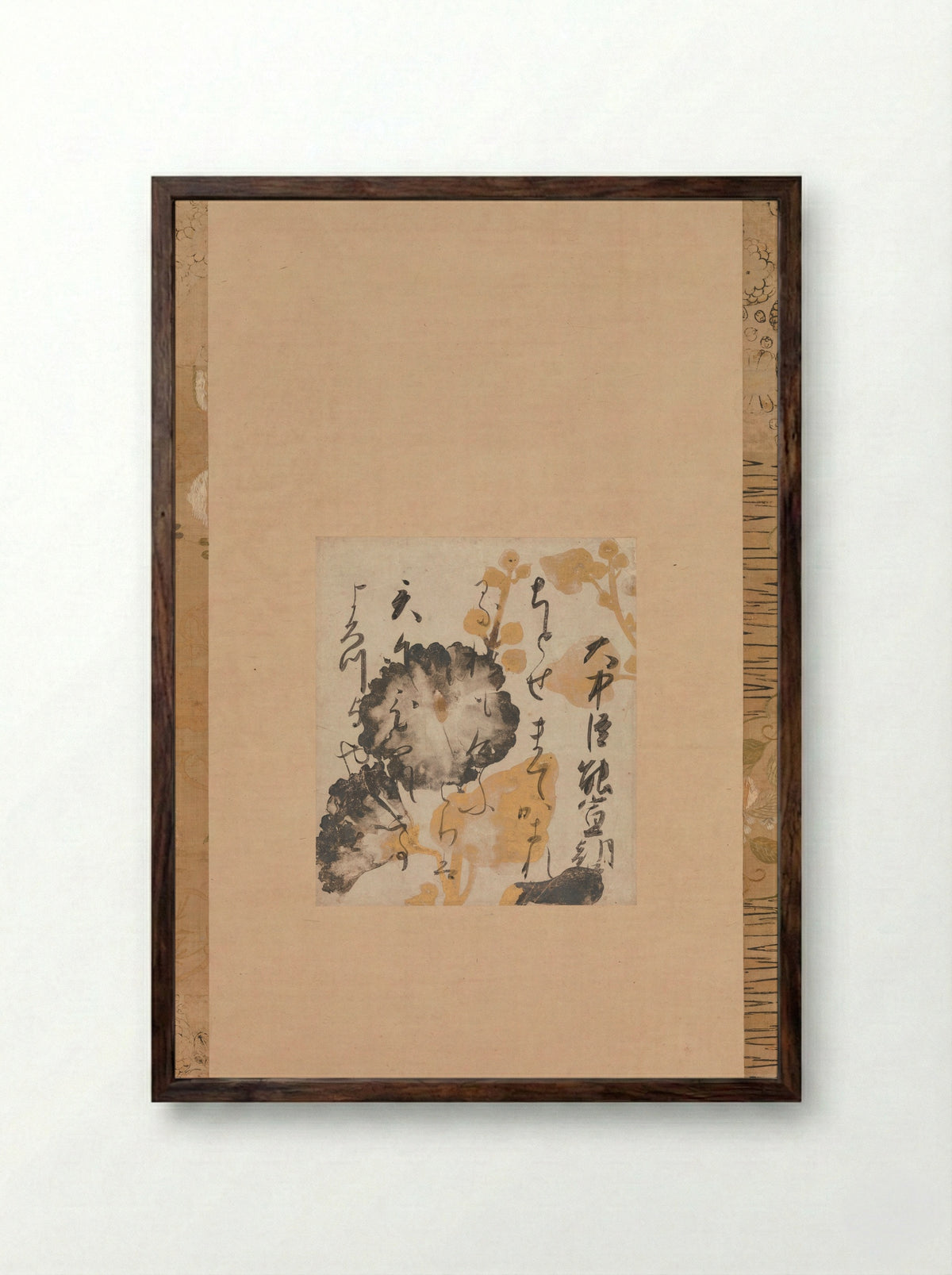 Poem by Onakatomi Yoshinobu with Underpainting of Hollyhocks - Shōkadō Shōjō - Framed Print Dark Wood
