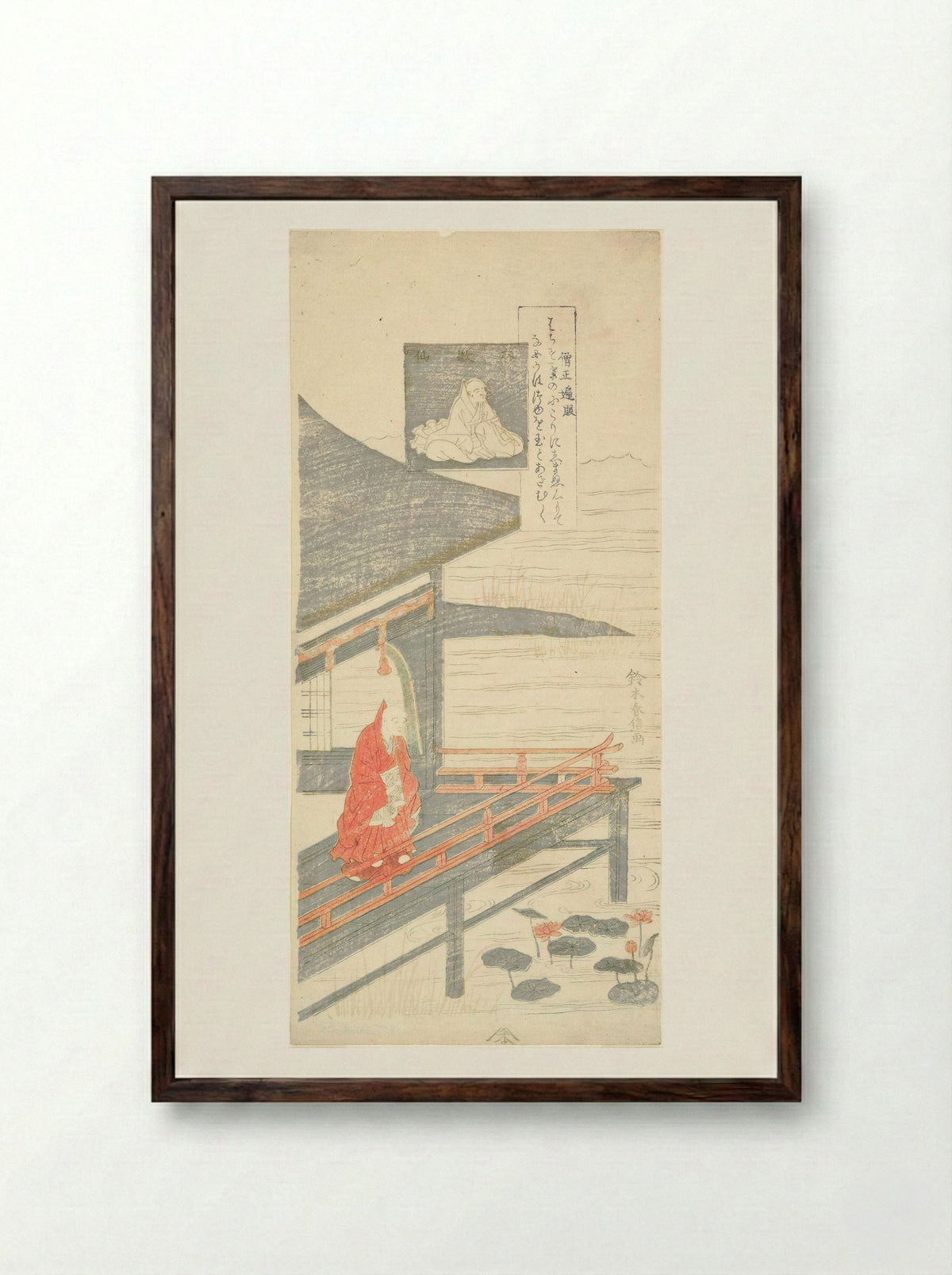 Poem by Sojo Henjo, from the series Six Famous Poets (Rokkasen) - Suzuki Harunobu - Framed Print Dark Wood