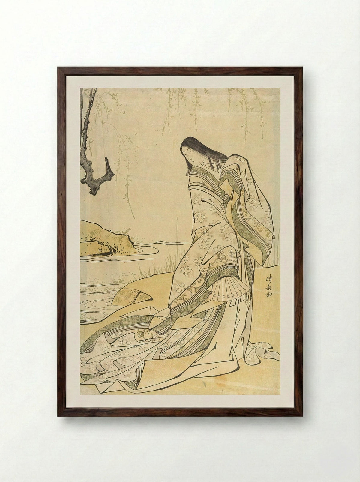 Poet Ono no Komachi Standing Beneath Willow by a Stream - Torii Kiyonaga - Framed Print Dark Wood