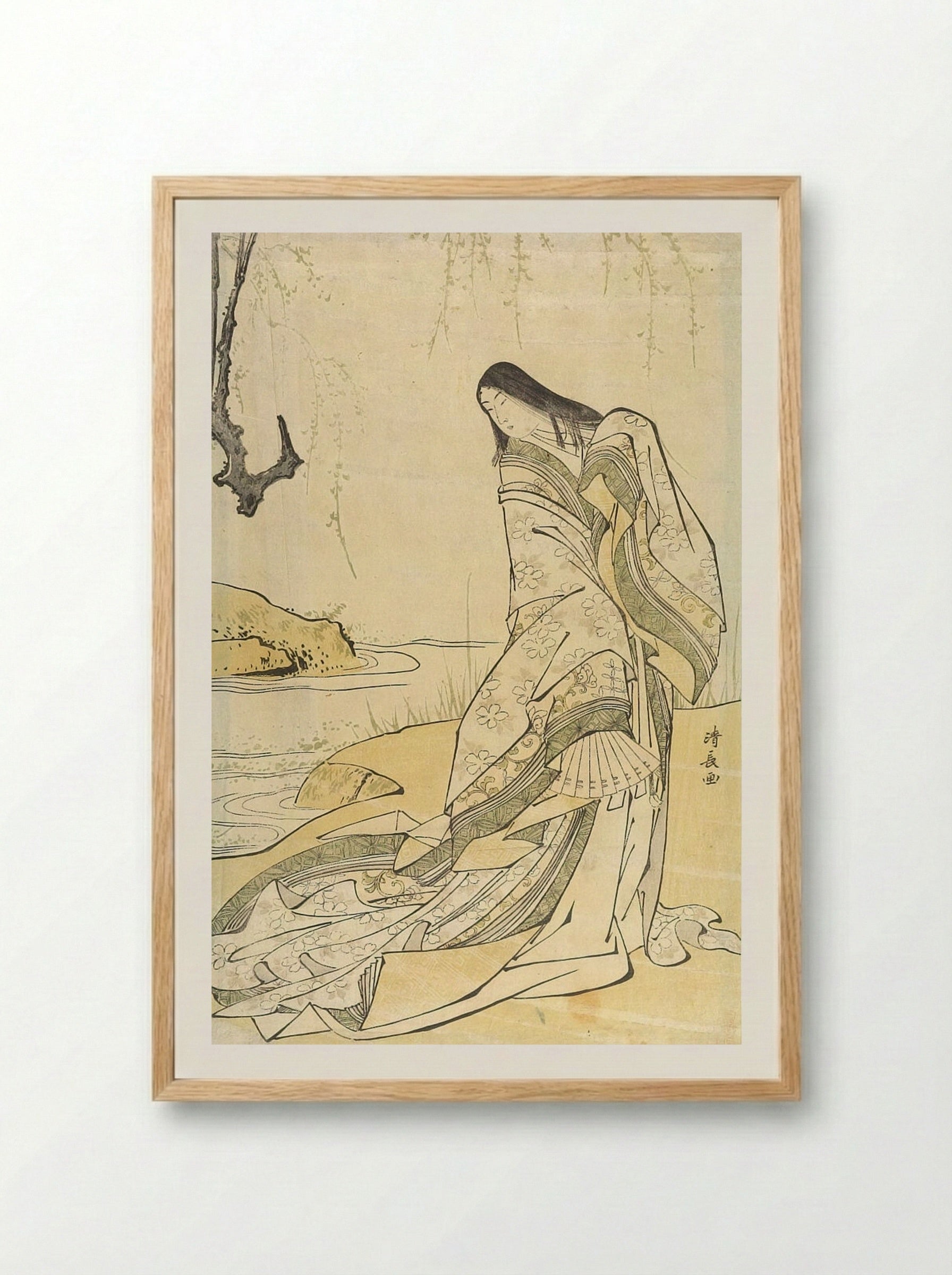 Poet Ono no Komachi Standing Beneath Willow by a Stream - Torii Kiyonaga - Framed Print Wood
