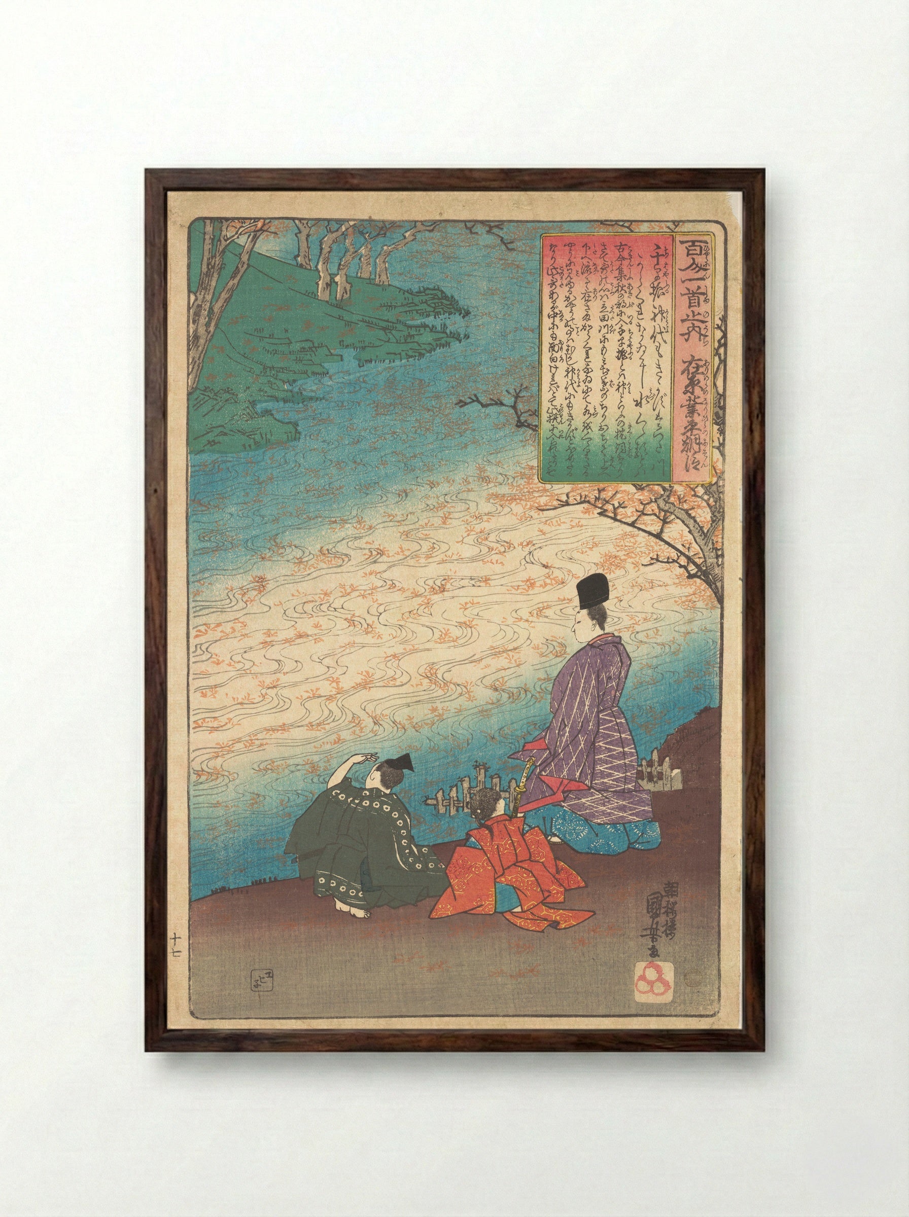 Poet with Two Pages on the Banks of the Tatsuta - Utagawa Kuniyoshi - Framed Print Dark Wood