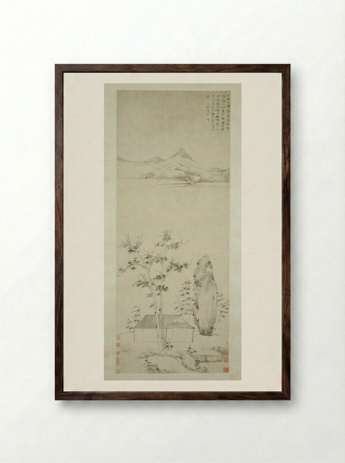 Poetic Thoughts in a Forest Pavilion - Ni Zan - Framed Print Dark Wood