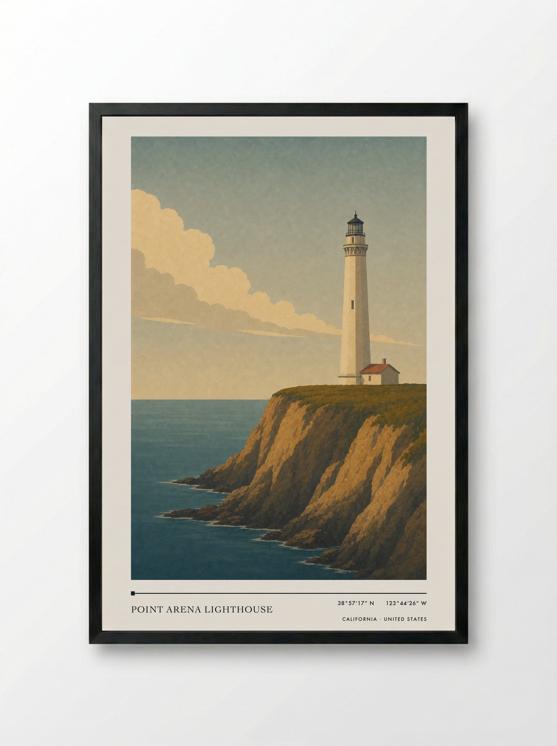 Point Arena Lighthouse Travel Poster Artwork - Framed Print Black