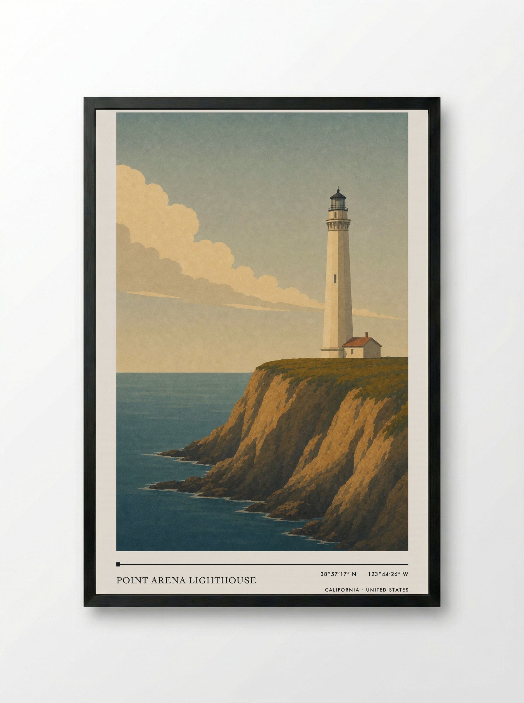 Point Arena Lighthouse Travel Poster Artwork - Framed Print Black