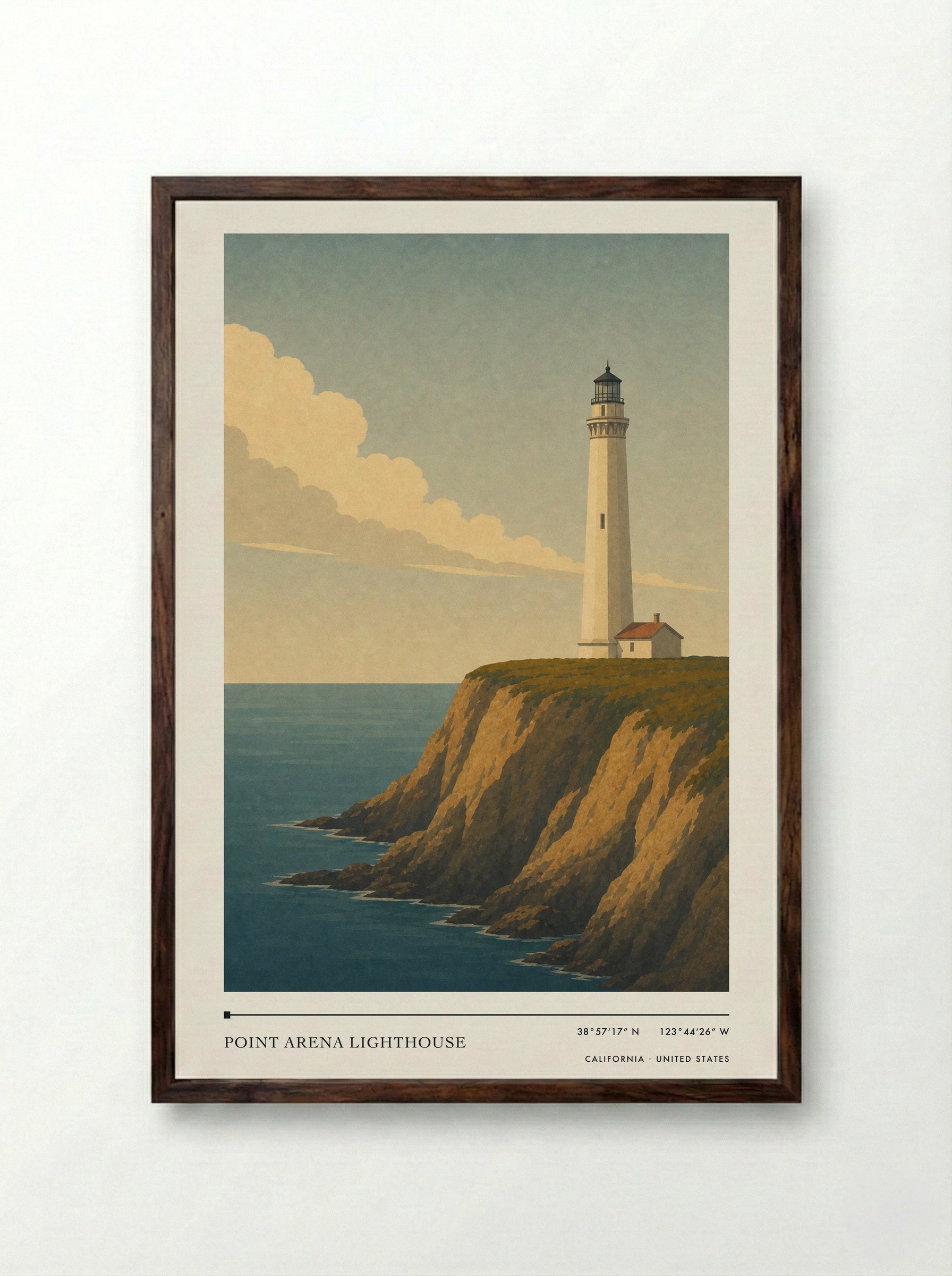 Point Arena Lighthouse Travel Poster Artwork - Framed Print Dark Wood