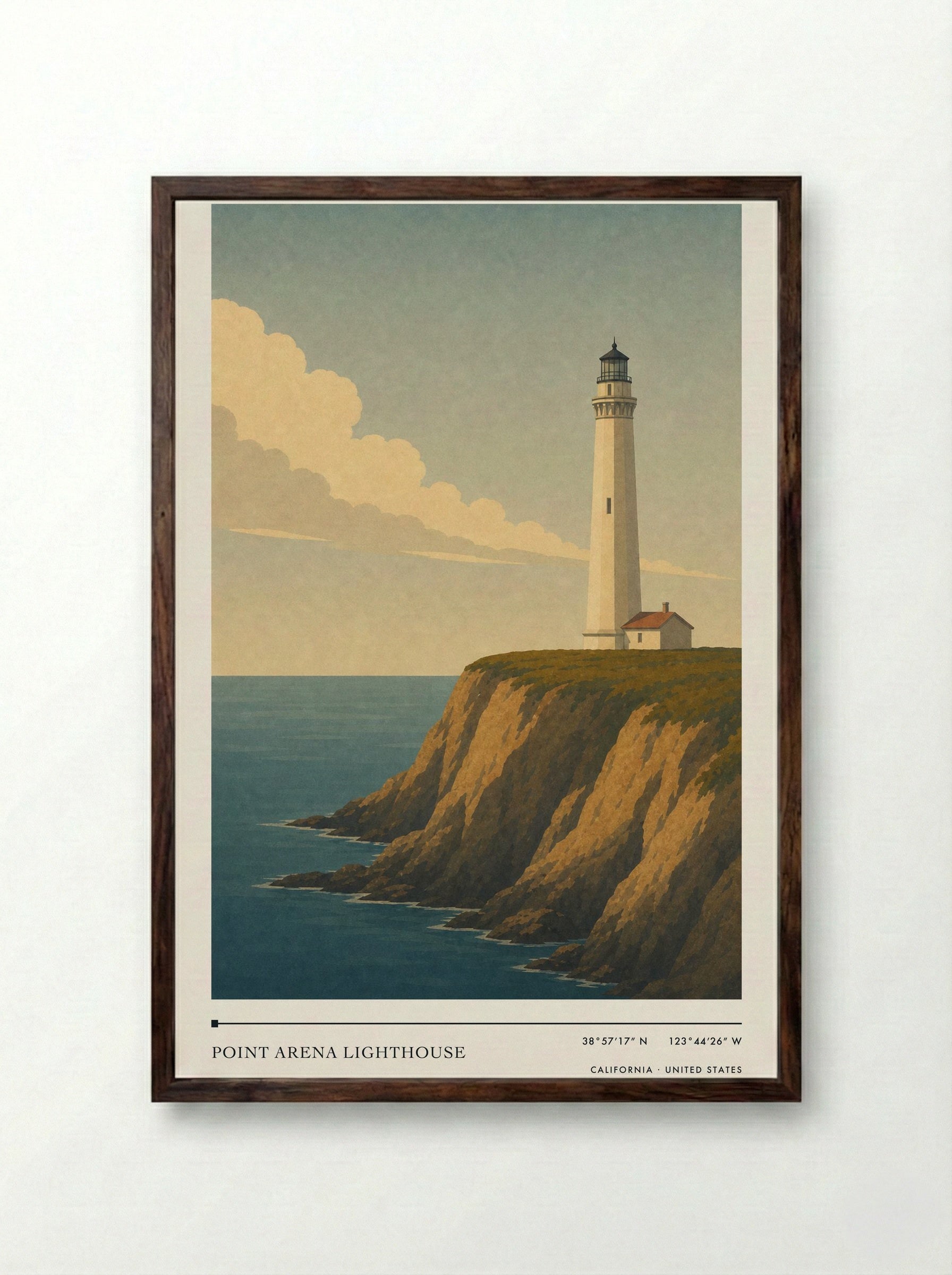 Point Arena Lighthouse Travel Poster Artwork - Framed Print Dark Wood