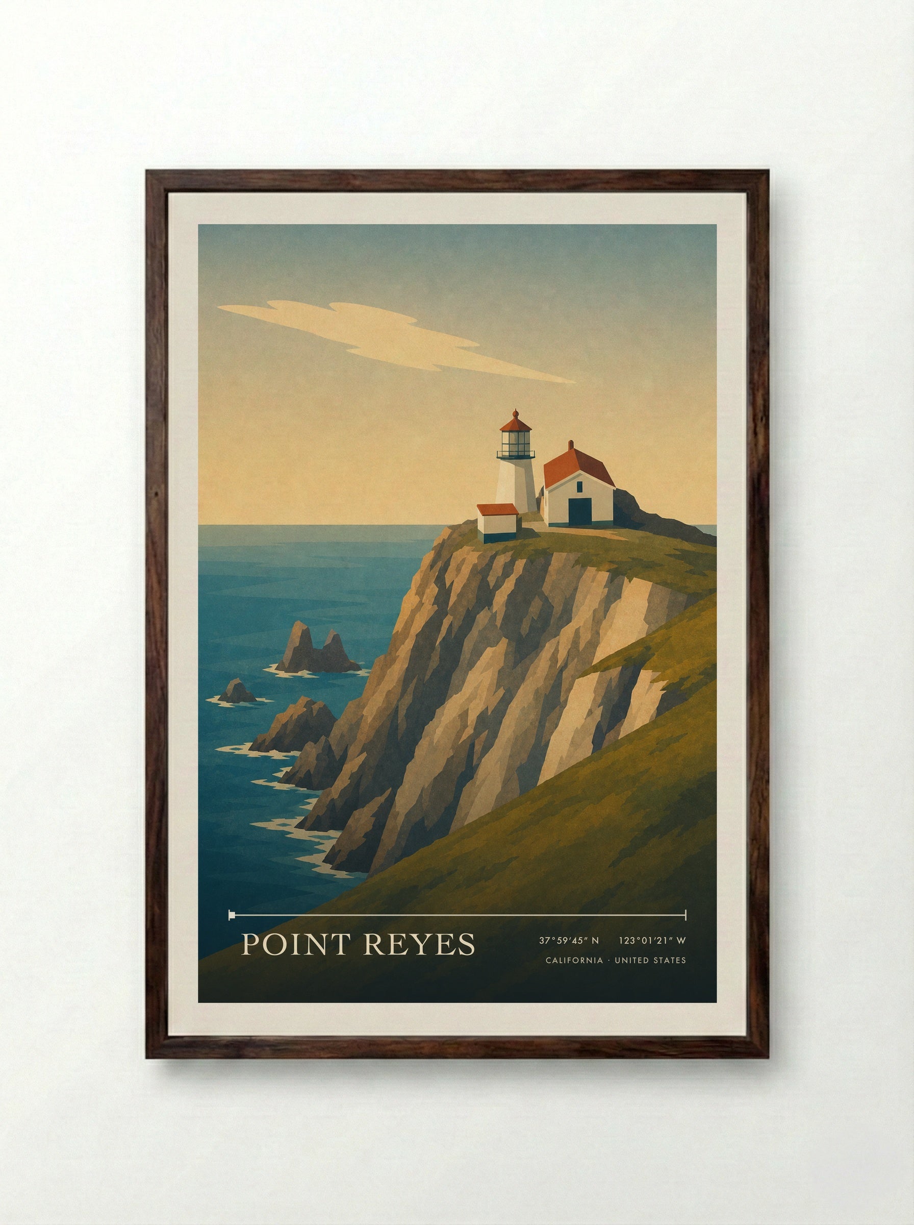 Point Reyes Travel Poster Artwork - Framed Print Dark Wood