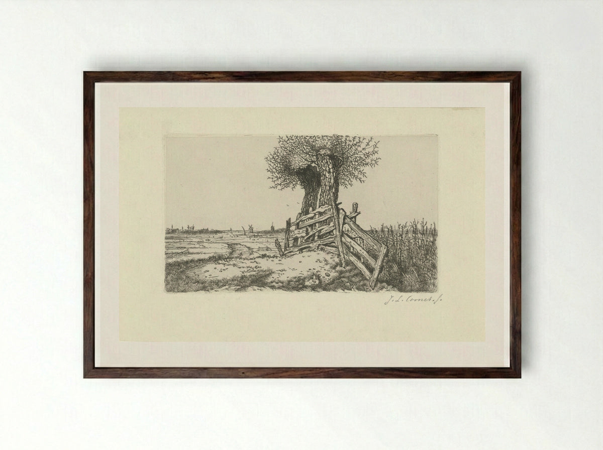 Polder Landscape with Gate - Jacobus Ludovicus Cornet - Framed Print Dark Wood