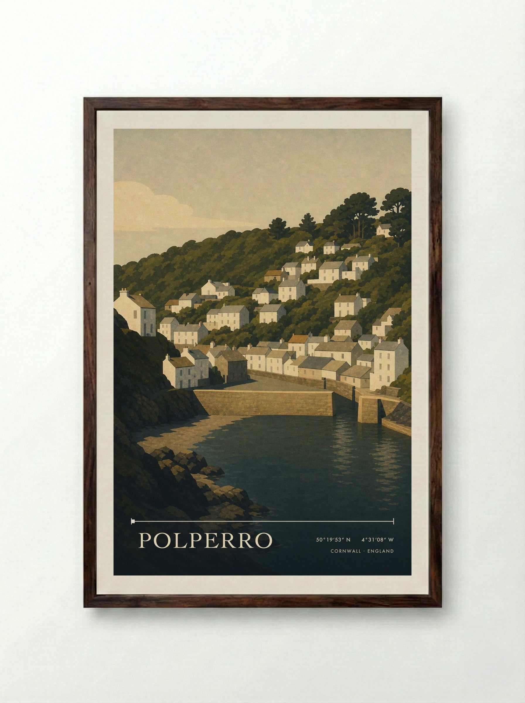 Polperro Cornwall England Travel Poster - Framed Print Dark Wood