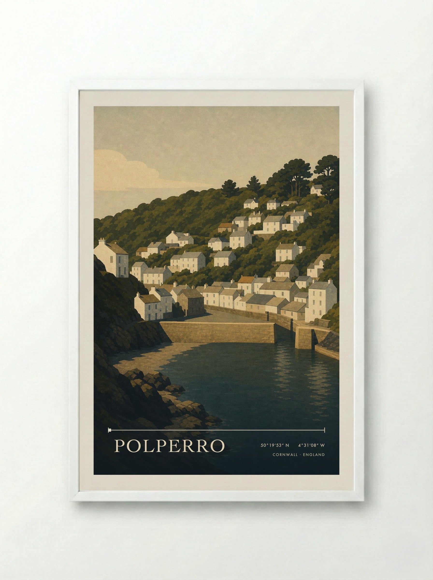 Polperro Cornwall England Travel Poster - Framed Print White