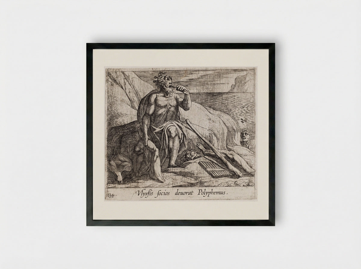 Polyphemus Eating Ulysses' Men, as Achaemides Watches - Antonio Tempesta - Framed Print Black