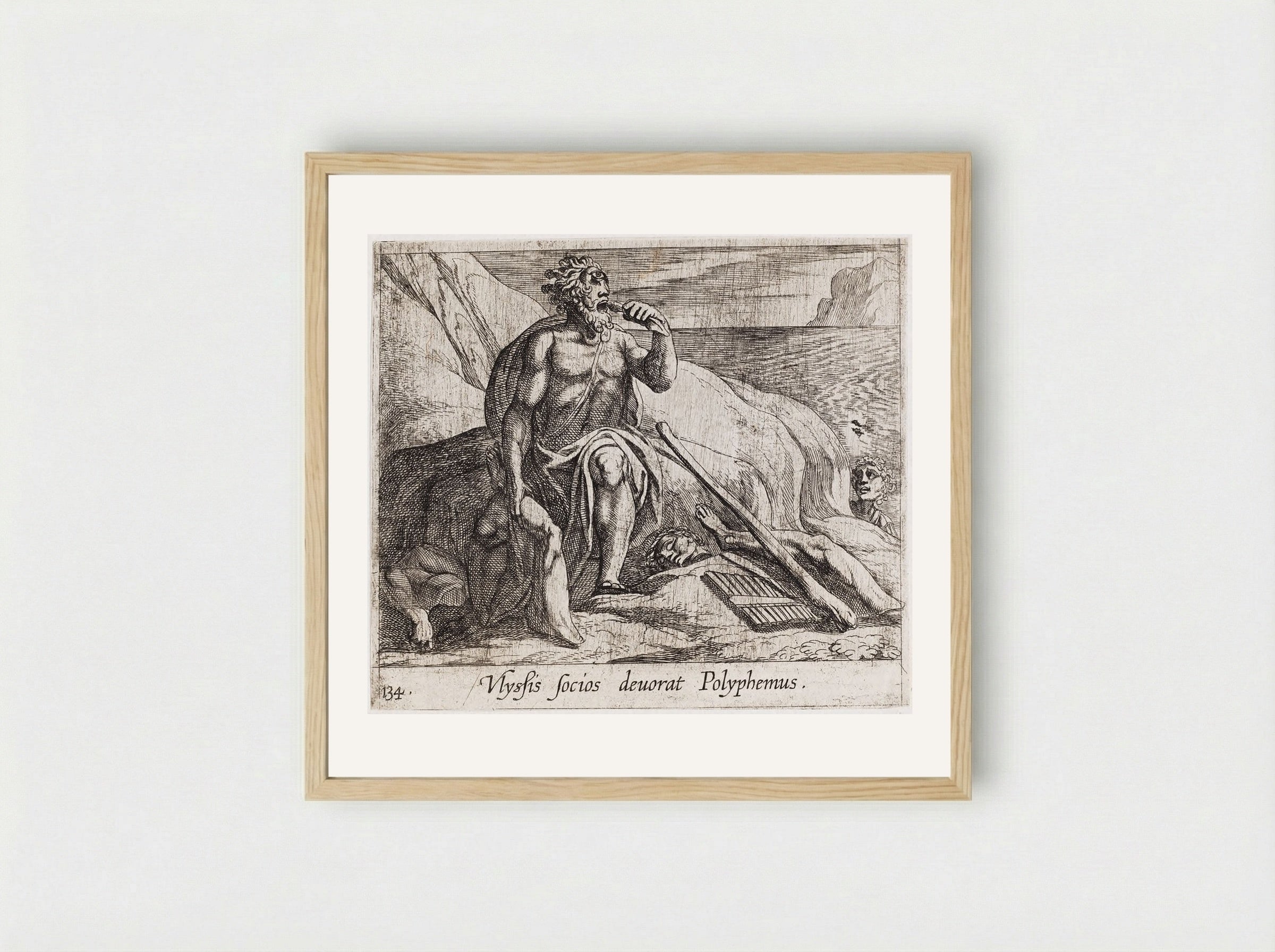 Polyphemus Eating Ulysses' Men, as Achaemides Watches - Antonio Tempesta - Framed Print Wood