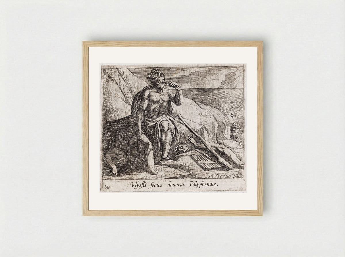 Polyphemus Eating Ulysses' Men, as Achaemides Watches - Antonio Tempesta - Framed Print Wood