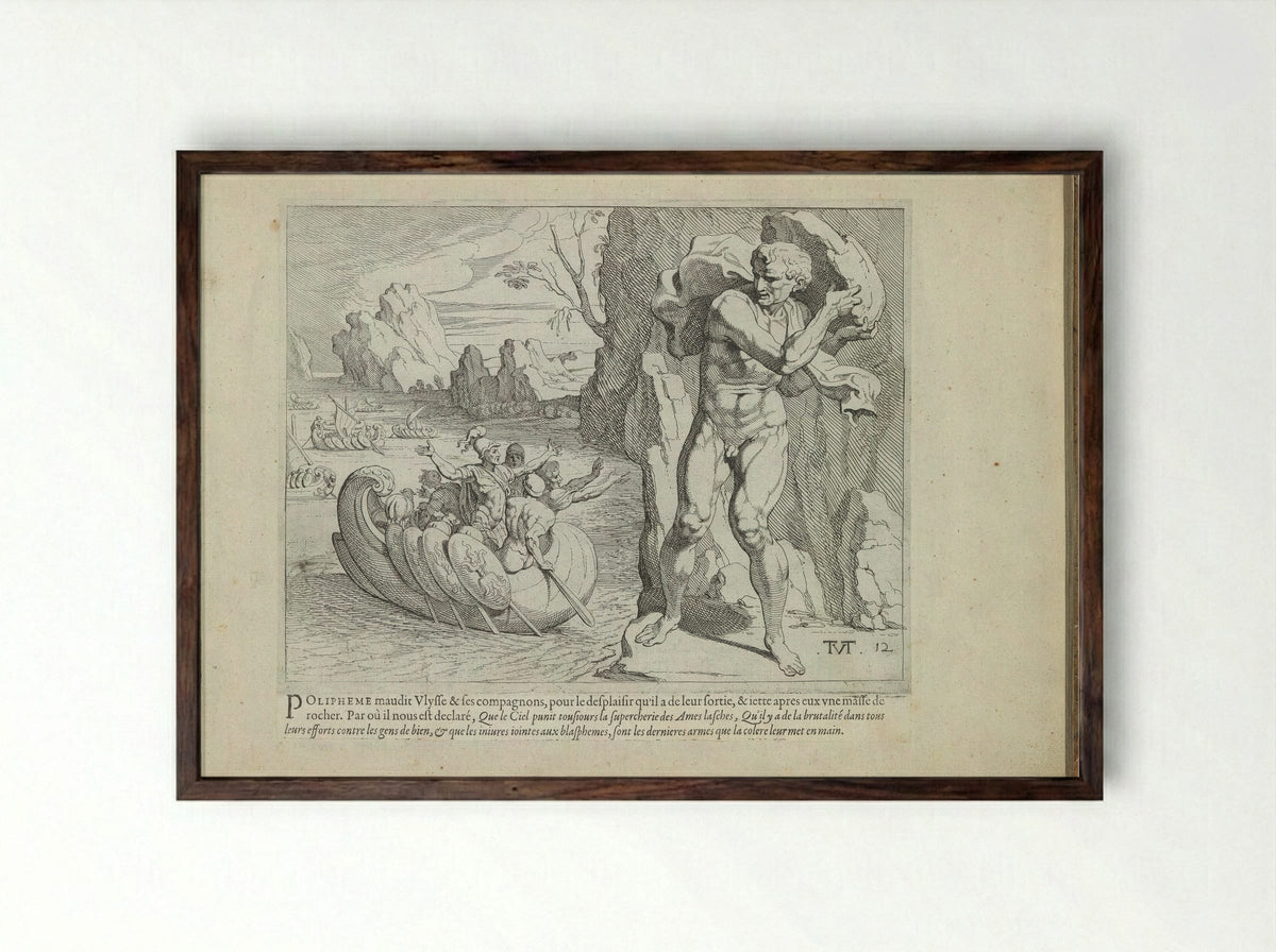 Polyphemus Hurls a Rock at the Ship of Odysseus - Melchior Tavernier - Framed Print Dark Wood