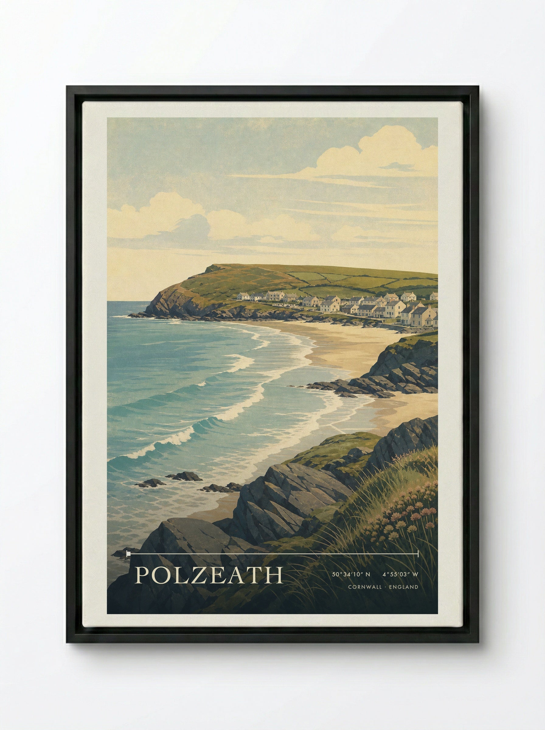 Polzeath Cornwall England Travel Poster - Framed Canvas Black