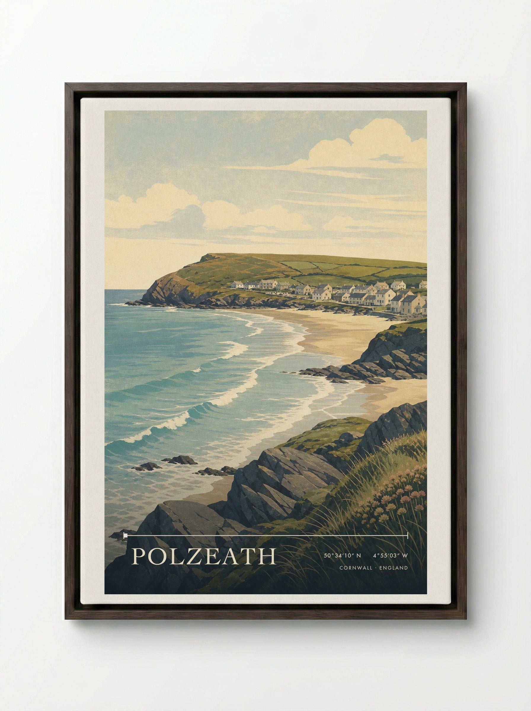Polzeath Cornwall England Travel Poster - Framed Canvas Dark Wood