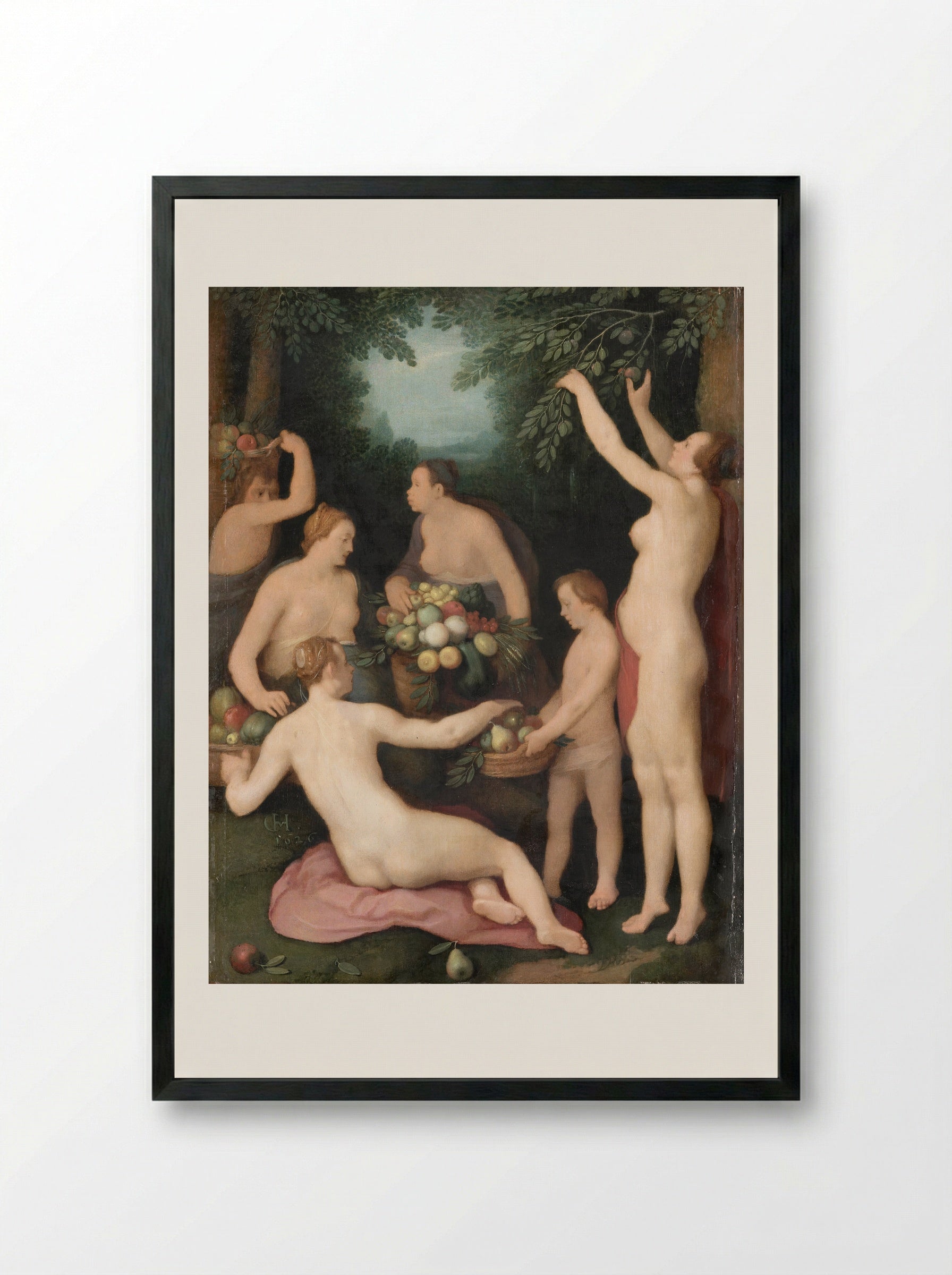 Pomona ontvangt de fruitoogst - Cornelis Cornelisz. van Haarlem - Framed Print Black
