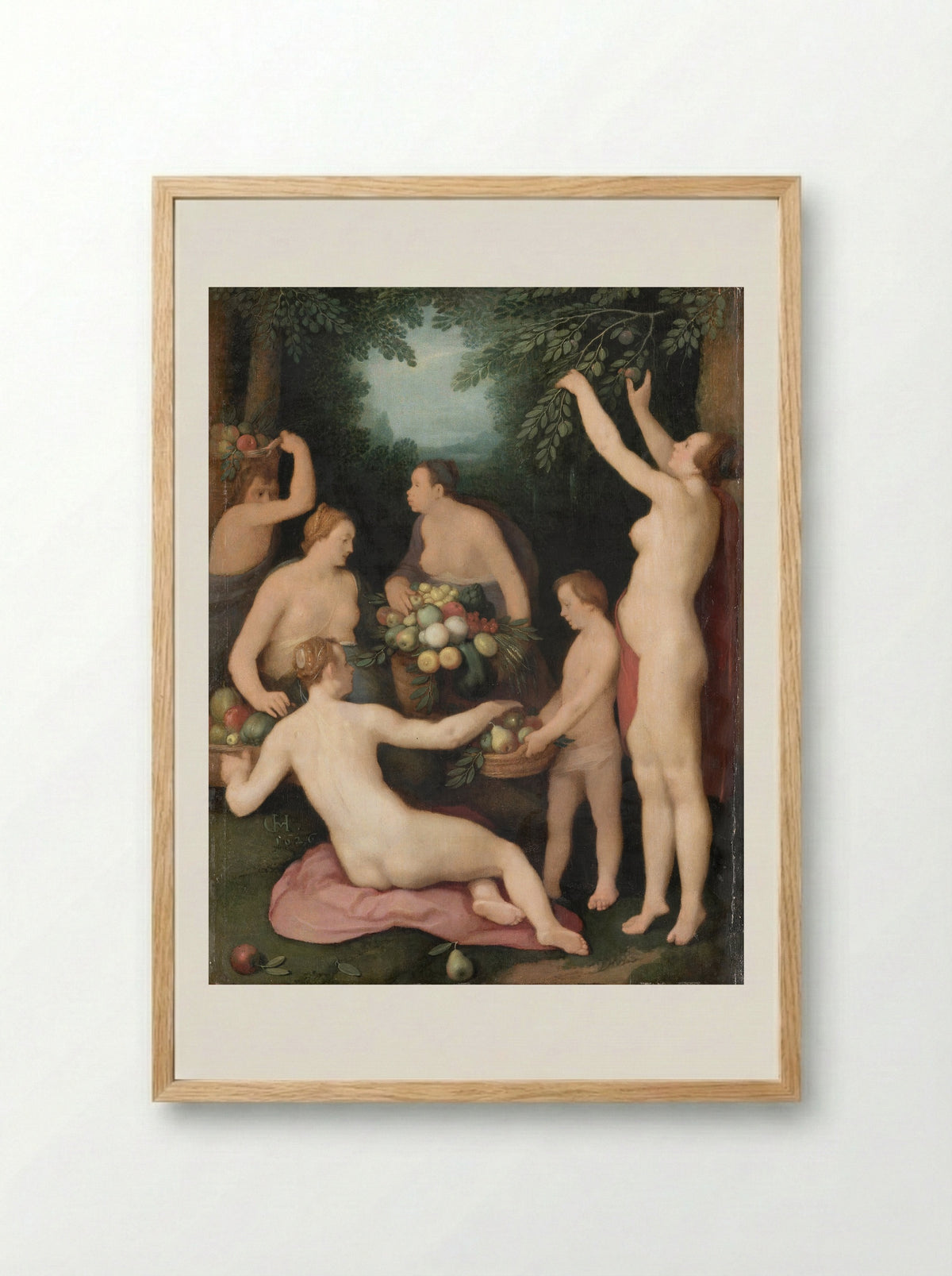 Pomona ontvangt de fruitoogst - Cornelis Cornelisz. van Haarlem - Framed Print Wood