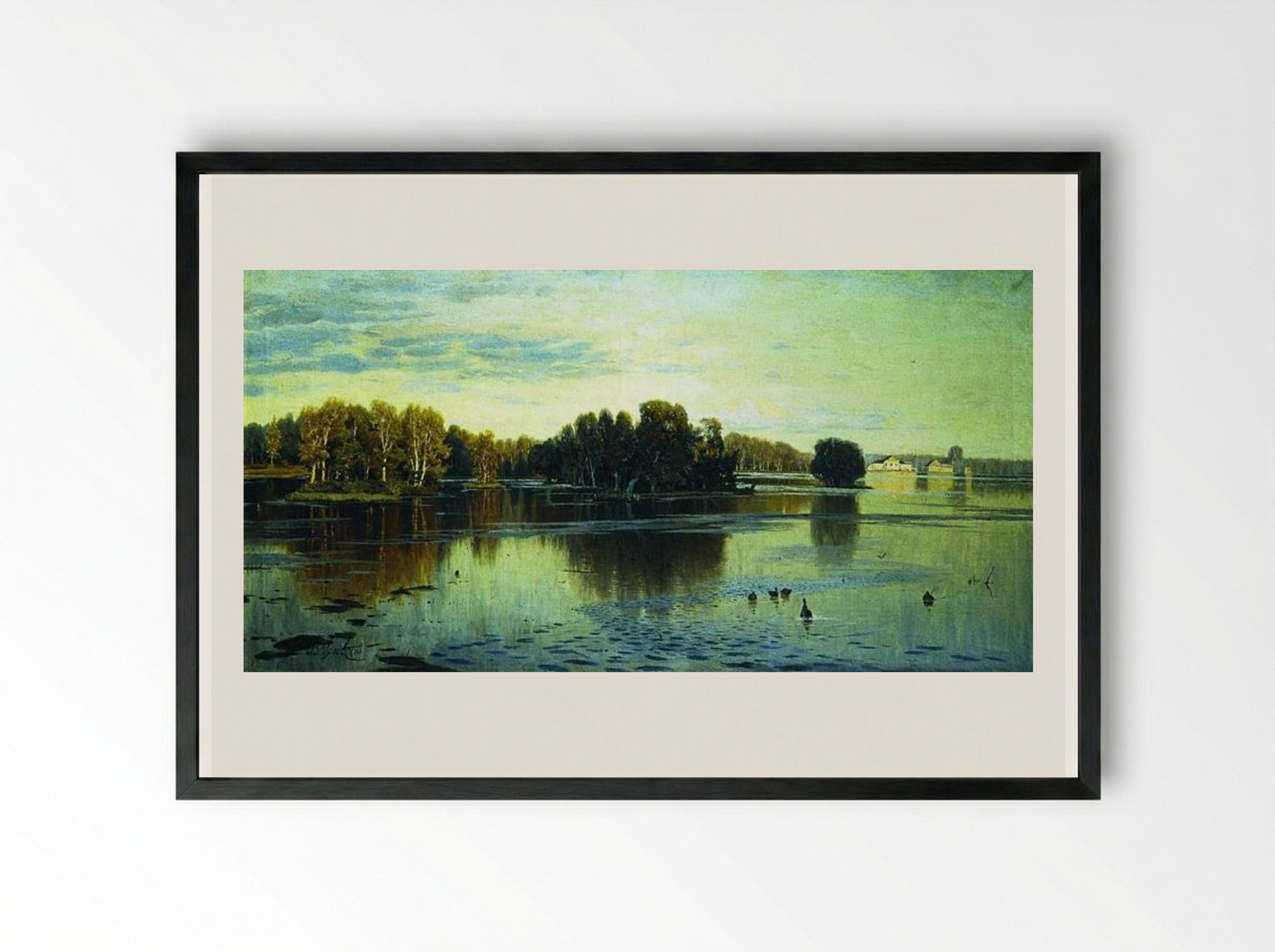 Pond. Summer evening. - Volodymyr Orlovsky - Framed Print Black