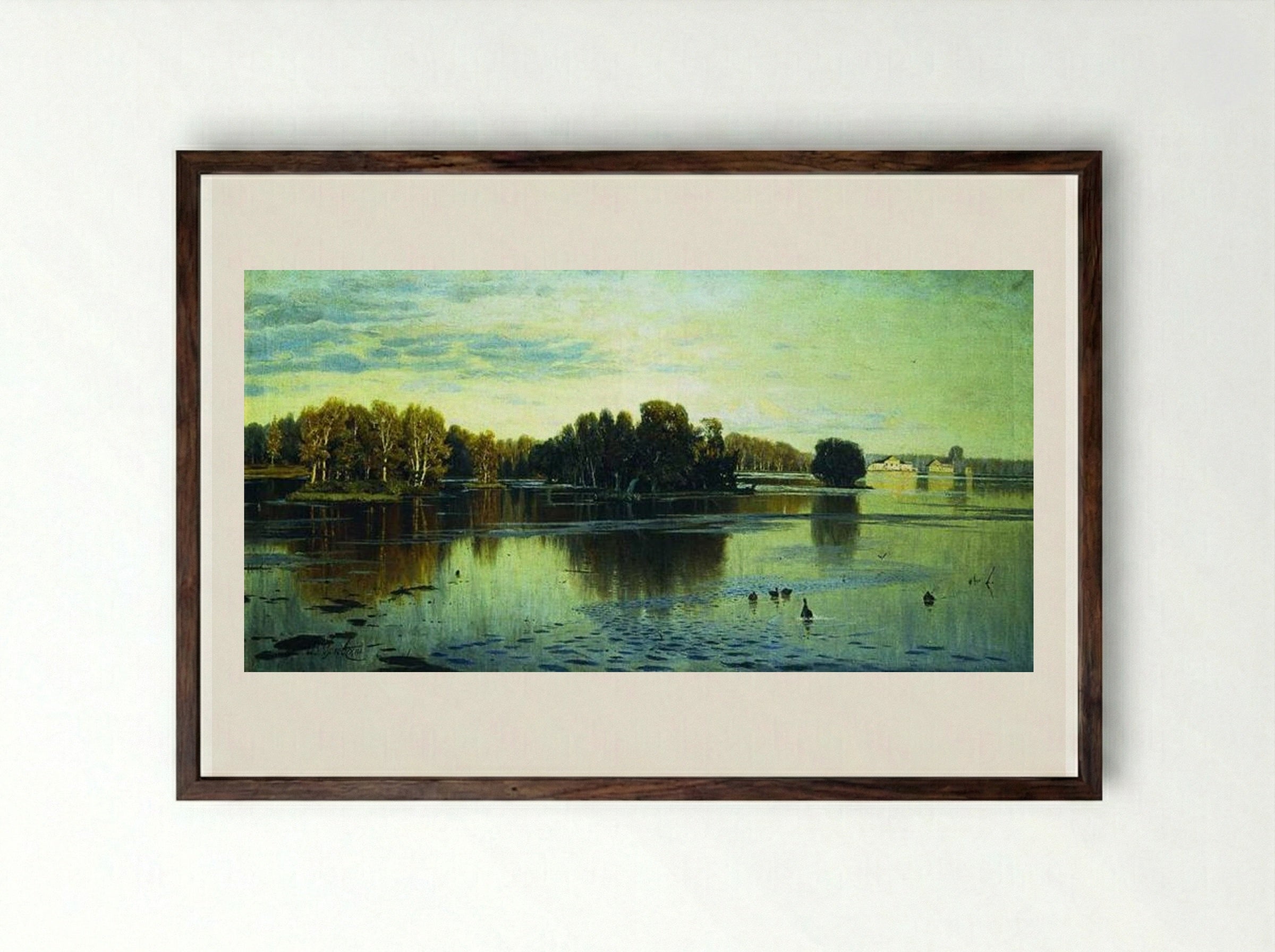Pond. Summer evening. - Volodymyr Orlovsky - Framed Print Dark Wood