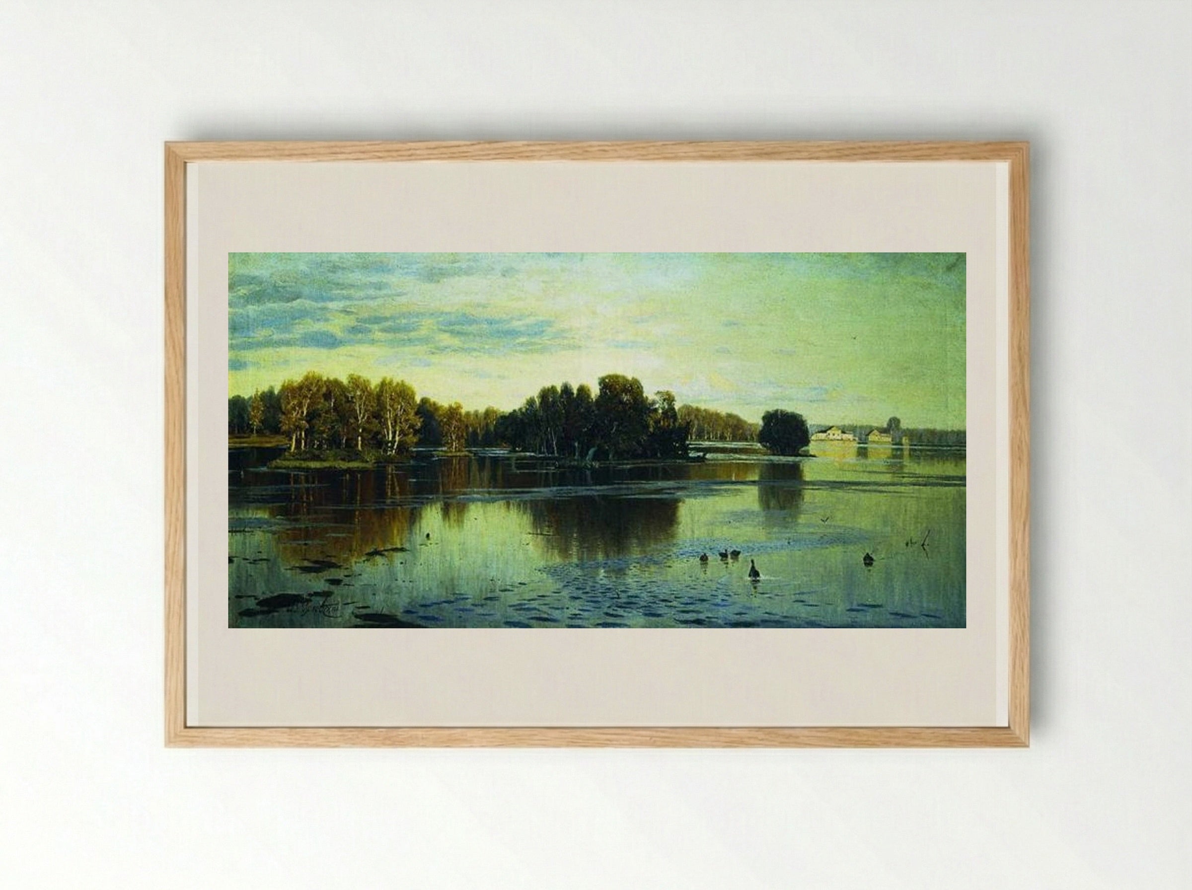Pond. Summer evening. - Volodymyr Orlovsky - Framed Print Wood