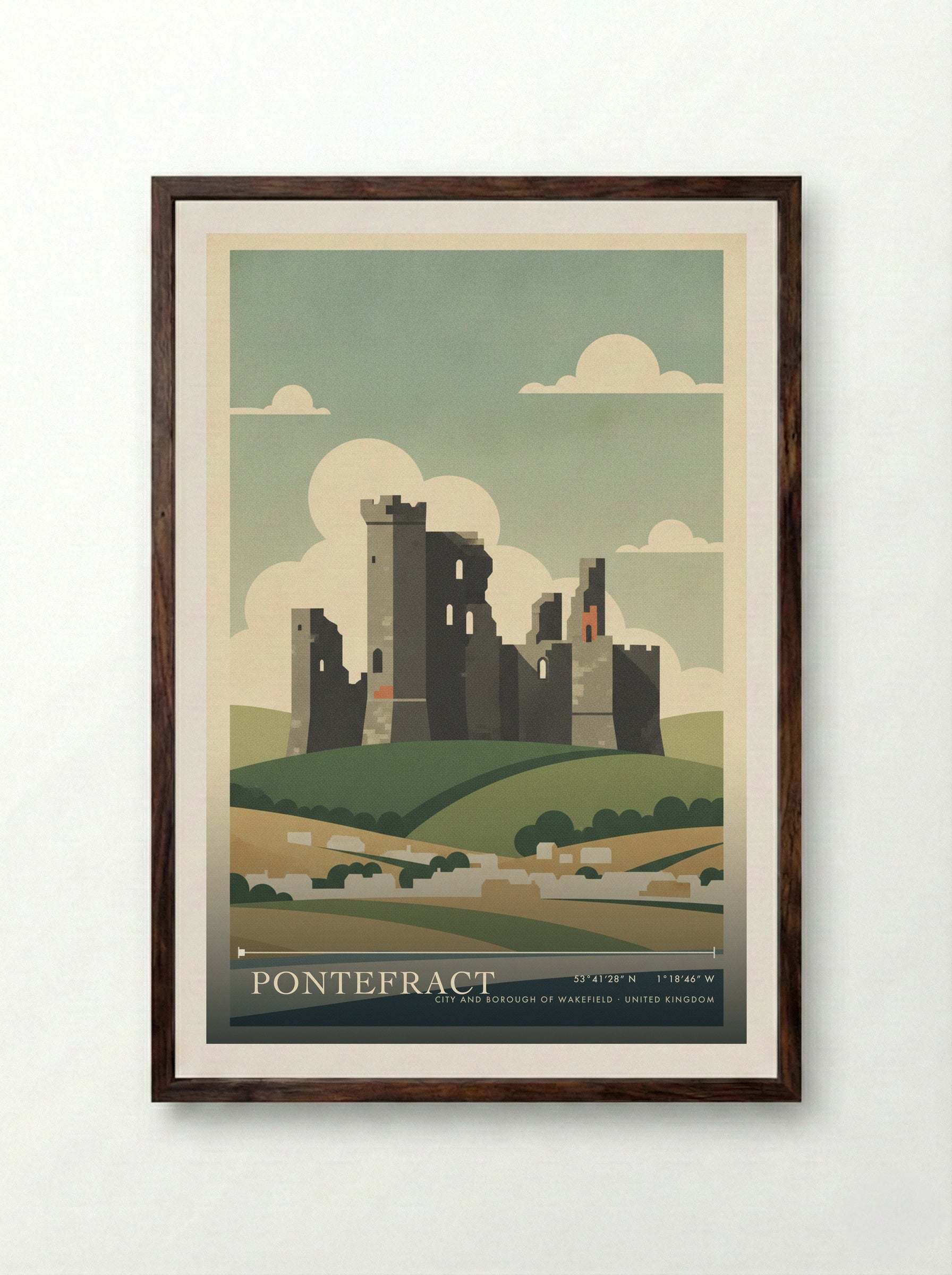 Pontefract City and Borough of Wakefield United Kingdom Travel Poster - Framed Print Dark Wood