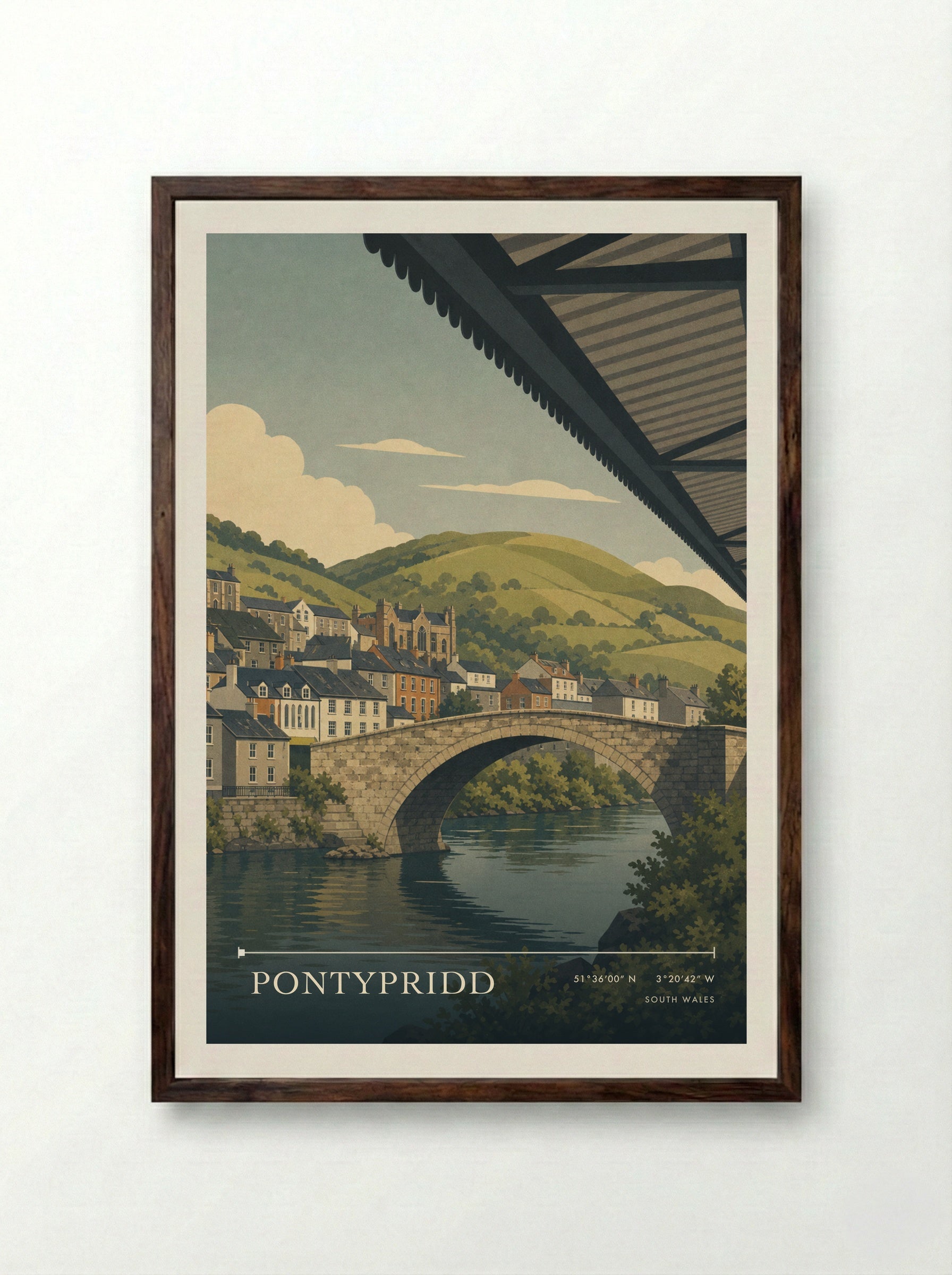 Pontypridd South Wales Wales Travel Poster - Framed Print Dark Wood