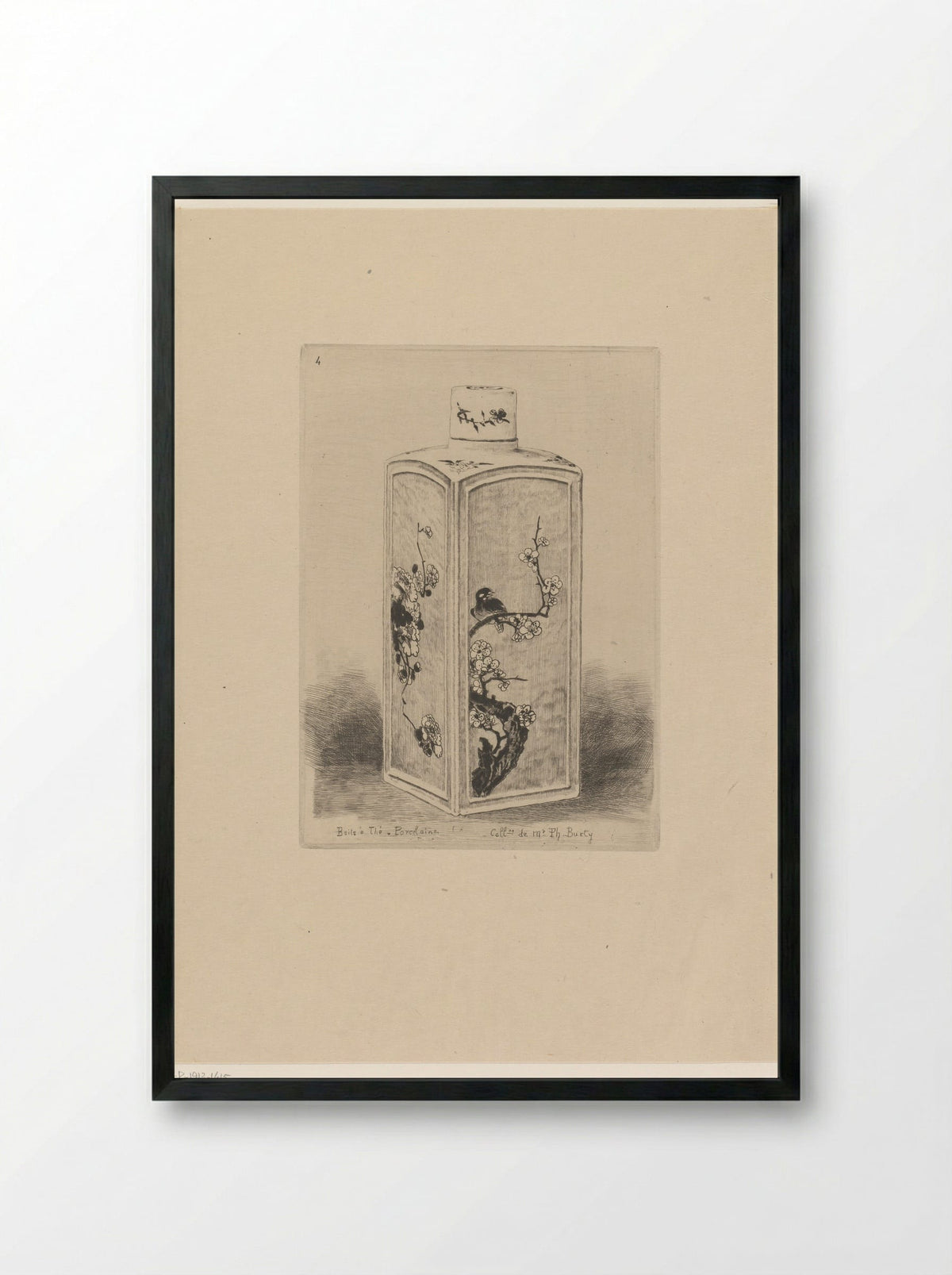 Porcelain Tea Caddy with Bird on a Flowering Branch - Félix Hilaire Buhot - Framed Print Black